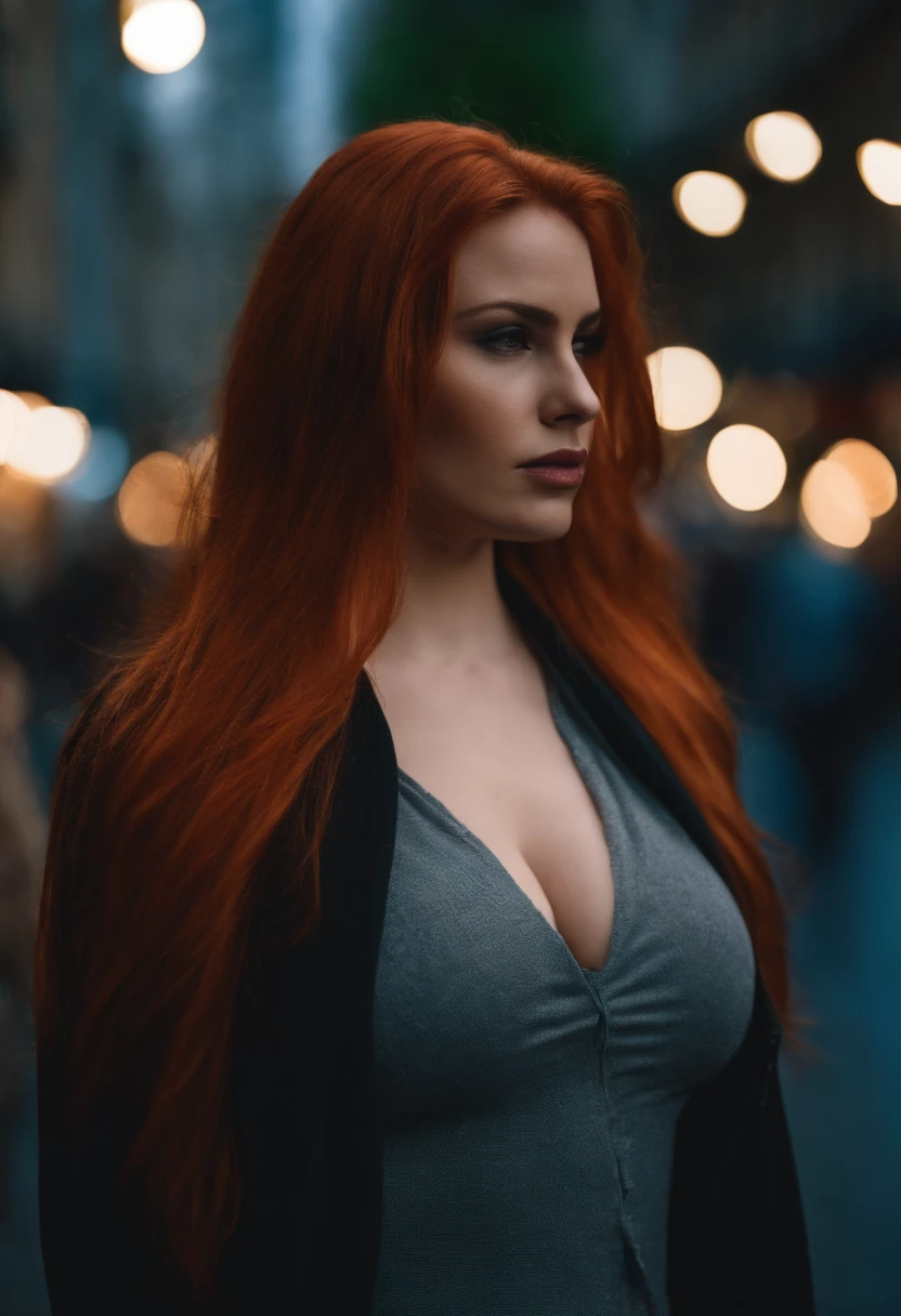 beautiful woman. long wavy orange hair. sexy. cyberpunk, neonlights, future. prostitude, leder. babe, big booty, cyberware, big tits, curvy. tanga, noble hotel suite. nipple, deathhawk