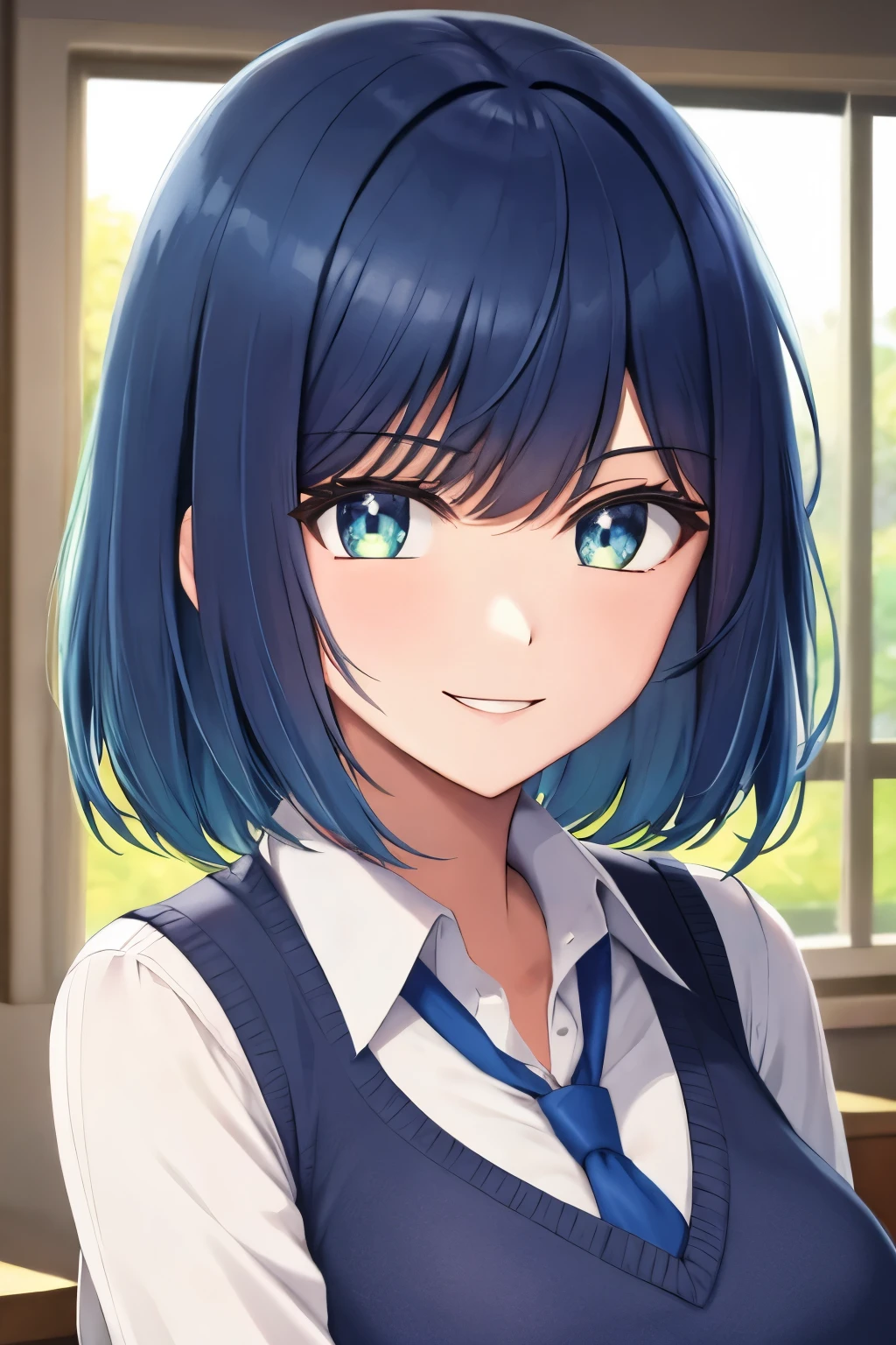 (masterpiece, best quality: 1.2), close-up shot,anime girl with blue hair and vest and tie, green dark eye, sunlight coming in through the window, perfect face, shiny bob haircut, short dark blue hair, smiling, beautiful and symmetrical face, graceful dark blue dress, very detailed, best quality, expressive eyes, perfect face, very high quality, very detailed, at school