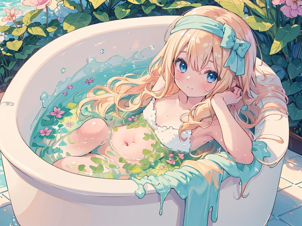 (relax, elaborate Bathtub covered with Fluffy foam, from right above, high resolution, masterpiece, 8k, ultra-detailed:1.4), 1girl, idol, , kawaii, peerless cute girl, take a bath, completely nude, photo realistic, photo realistic, photo realistic, (masterpiece,best quality:1.4),(8k,raw photo,photo realistic:1.2),Not Safe for Work, detailed skin, detailed face, cute face, (raw photo, photo realistic: 1.2), masterpiece, top-quality, (Face out of the bathtub:1.2),Face view,
(((lying on stomachs))), blue eyes, happy, red blush, medium bob, blonde hair, towel bandana, ((shiny wavy hair)), ((head rest)), Face focus,
yumekawa,yumekawaii,pastel color,(wonderland garden:1.3),rainbow waterfall,dripping ink,imagination,