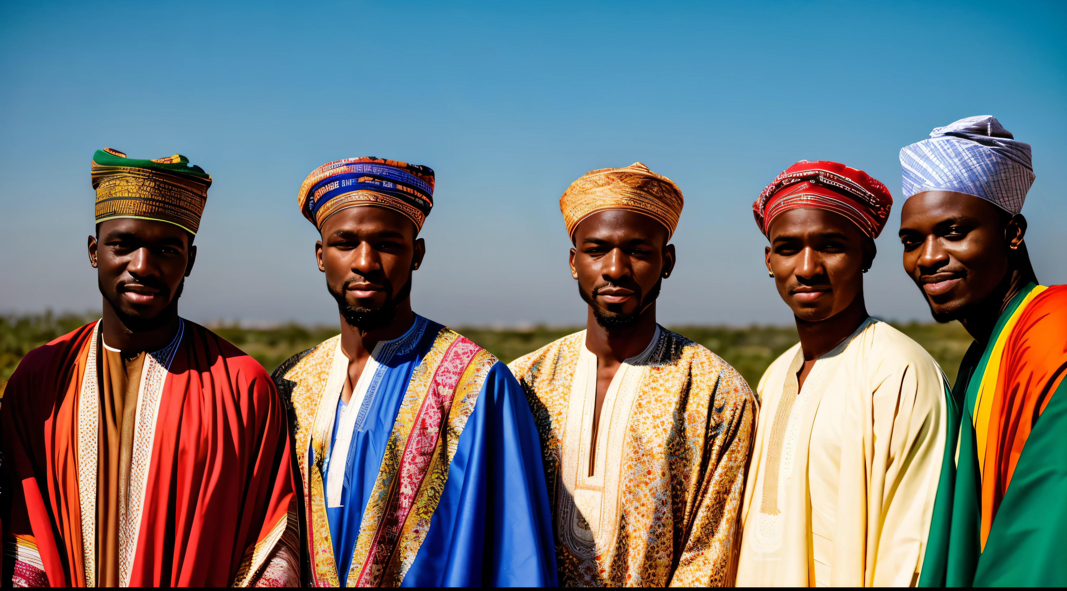 several men in colorful clothing are posing for a picture, ethnic group, Hausa, edited, wearing authentic attire, traditional clothing, elaborately costumed, wearing traditional garb, traditional clothes, wearing ornate clothing, festival of rich colors, vibrant hues, beautiful people, beautiful man, african, ancient tribe, colorful robes, by Ingrida Kadaka, beautiful faces, Golden hour, sunset, 6pm