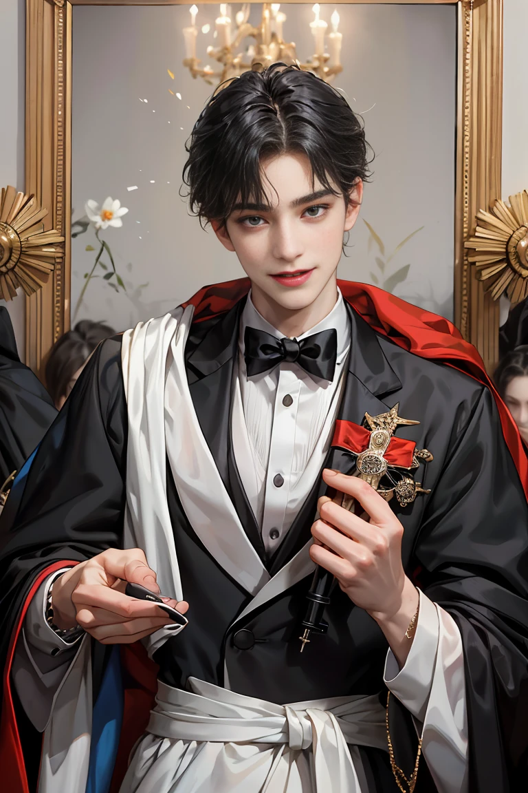 masterpiece, 最high quality, high quality, 1 boy, alone, male focus, looking at the viewer, whole body, Winning spirit_destiny, dirty black hair, blue adorable big eyes, white people, Noble, Noble, Noble的な、tuxedo,a very long and large red and black cloak with a collar, 30 years old,cute beautiful boy,shy smile,vampire