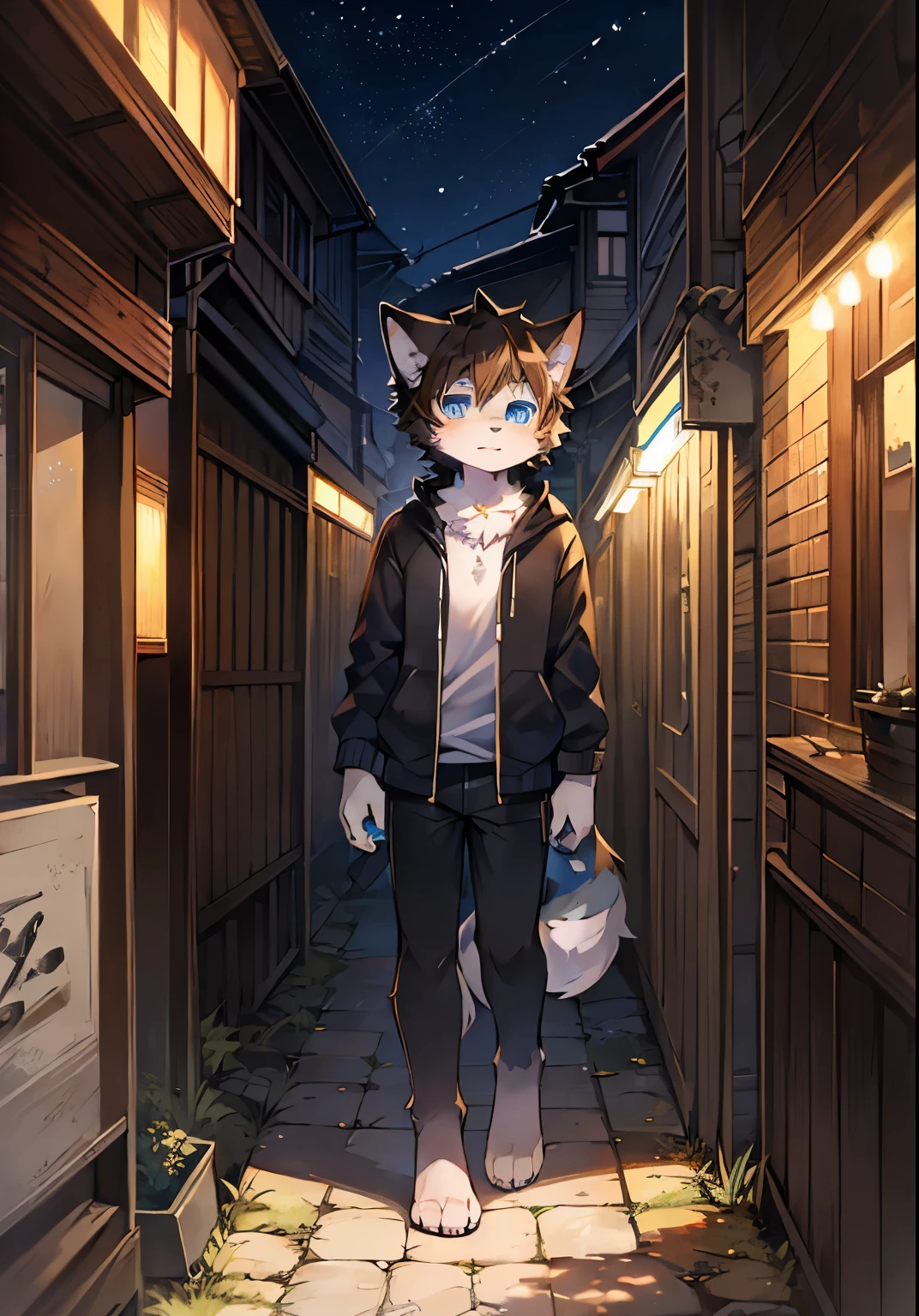 (dark environment: 0), masterpiece, high quality, abstract research, number\ (artwork), by dagashi, Yes, Kiyoyama, (Hana charcoalo, fluffy fur, Character focus: 1.1), Hana charcoalo Male Cat, short hair, portrait, Bright Eyes, panoramic, Character focus. (Detailed background: 0.9), alone, hairy, hairy男性, male focus, Hana charcoal, (Full body fur, Fluffy gray tail, blue eyes, black hair: 1.2), (long canine) Full body white fur outdoor during daytime，Shota，no clothes are worn