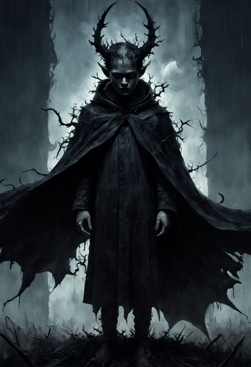 Antonio Mora/Double exposure of a demon inside a boy/a boy silhoutte/flying demon /Double exposure art/layered image/death imagery/moonlit bedroom/Ink drawing/spots of deep color/eldritch/malevolence/spectral/8k resolution/Nekro/Allen Williams/nightmare/sleep paralysis. High Gothic Dark Fantasy Tim burton style Cursed :Gothic : Bright : Darksouls Death Nazgul in a Higly detailed black Cloak with wearing black cloaths in field of thorns under the rain::| hyperdetailed: maximalist ::| Stunning masterpiece::| Jonas De Ro: russ mills, blood red. Mark Brooks and Dan Mumford, comic book art, perfect, smooth. sinister by Greg Rutkowski