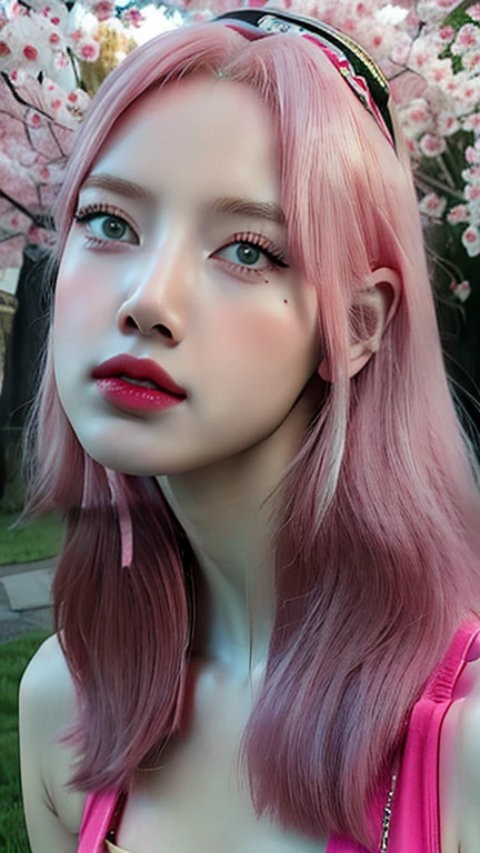 young woman, porcelain skin, bubblegum pink hair, wide forehead, pink eyebrows, big emerald green eyes, buttoned nose, thick lips, heart-shaped face, medieval clothing, Sakura Haruno, realism, realistic, 3d, town