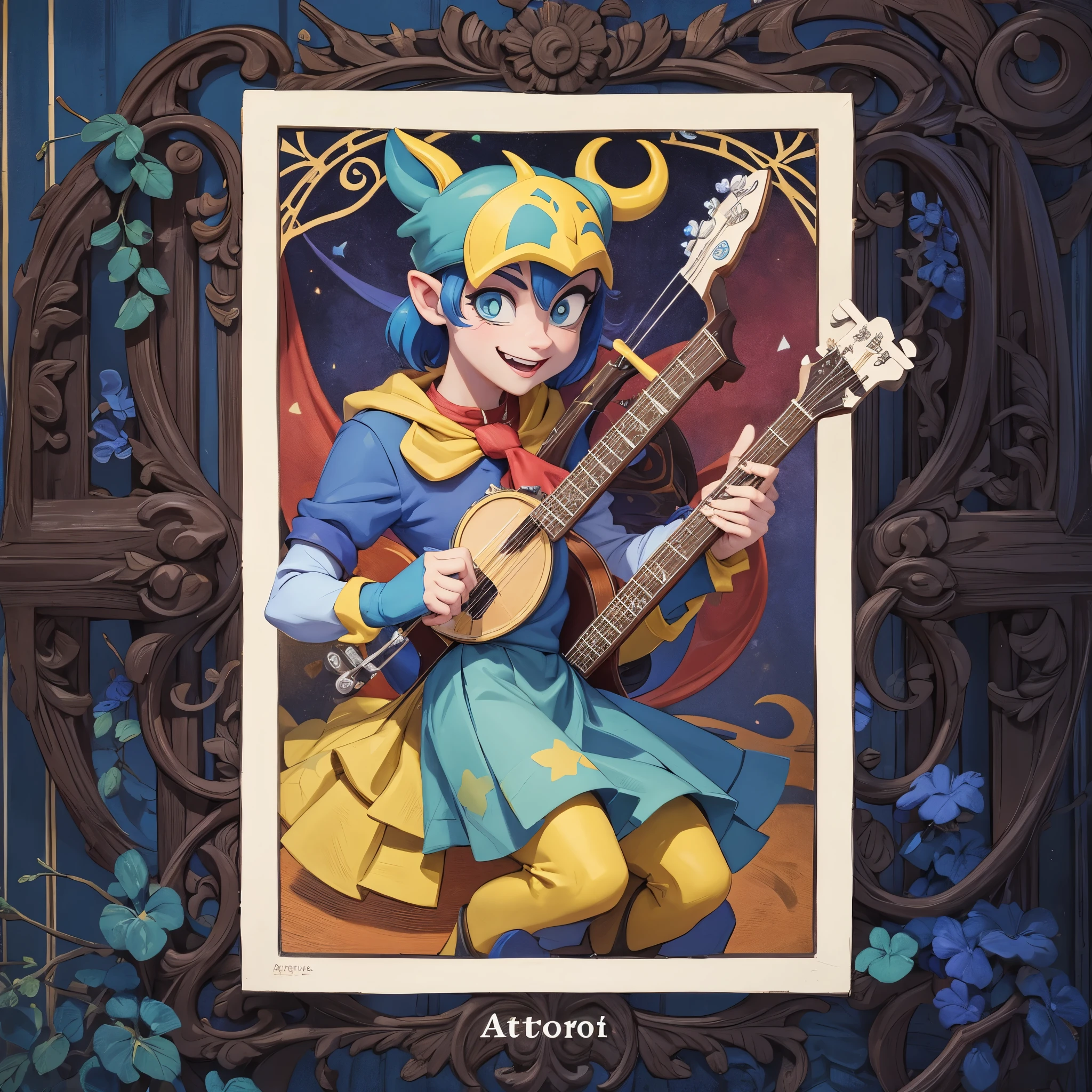 relatable cartoon jester playing banjo ,full-shot . tarot style. dark colurs , blue mostly, some yellow green red.