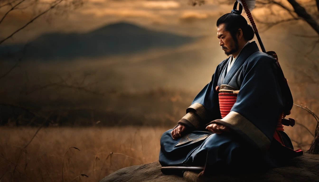 Photograph of a samurai meditating on his own death before going into battle, Showing Courage and Concentration.