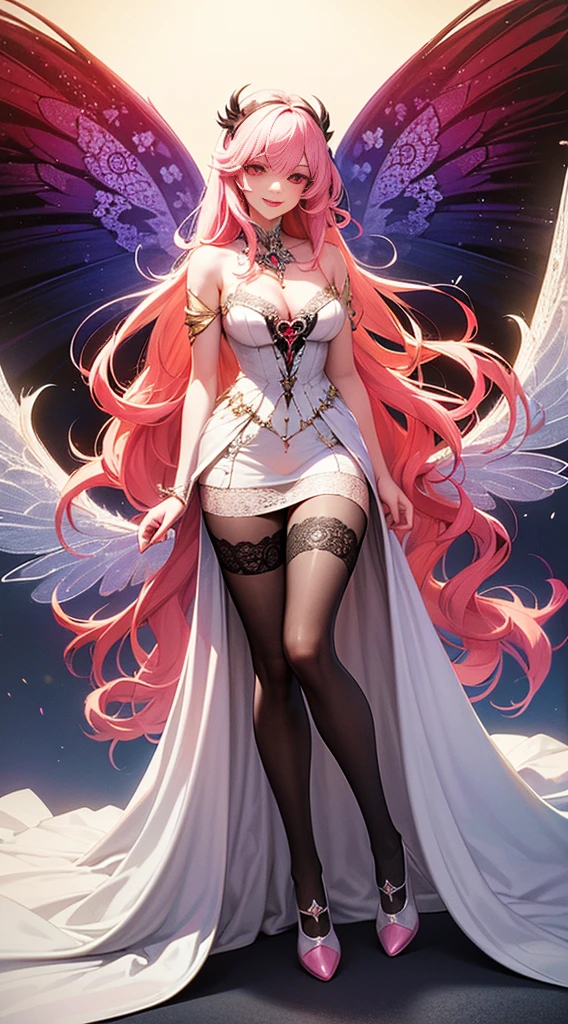 (masterpiece), (realistic), (highest quality), (super detailed),  wonderful, ((Love Fairy, red eyes, Lace Wings, Intricate fairytale costumes , Shoes with hearts, very long white hair with pink strands,, colorful hair, Dreamy smile)))), cinematic light, Unusual angles and poses,)),Sheer black stockings,