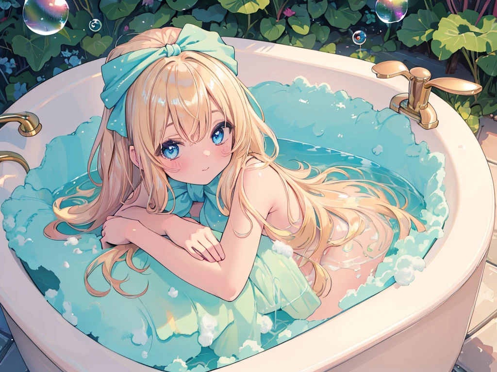 (relax, elaborate Bathtub covered with Fluffy foam, from right above, high resolution, masterpiece, 8k, ultra-detailed:1.4), 1girl, idol, 14 years old, kawaii, peerless cute girl, take a bath, completely nude, photo realistic, photo realistic, photo realistic, (masterpiece,best quality:1.4),(8k,raw photo,photo realistic:1.2),Not Safe for Work, detailed skin, detailed face, cute face, (raw photo, photo realistic: 1.2), masterpiece, top-quality, (Face out of the bathtub:1.2),Face view, 
(((all fours))), blue eyes, happy, red blush, medium bob, blonde hair, towel bandana, ((shiny wavy hair)), ((head rest)), Face focus,
yumekawa,yumekawaii,pastel color,(wonderland garden:1.3),rainbow waterfall,dripping ink,imagination,((soap bubbles)),