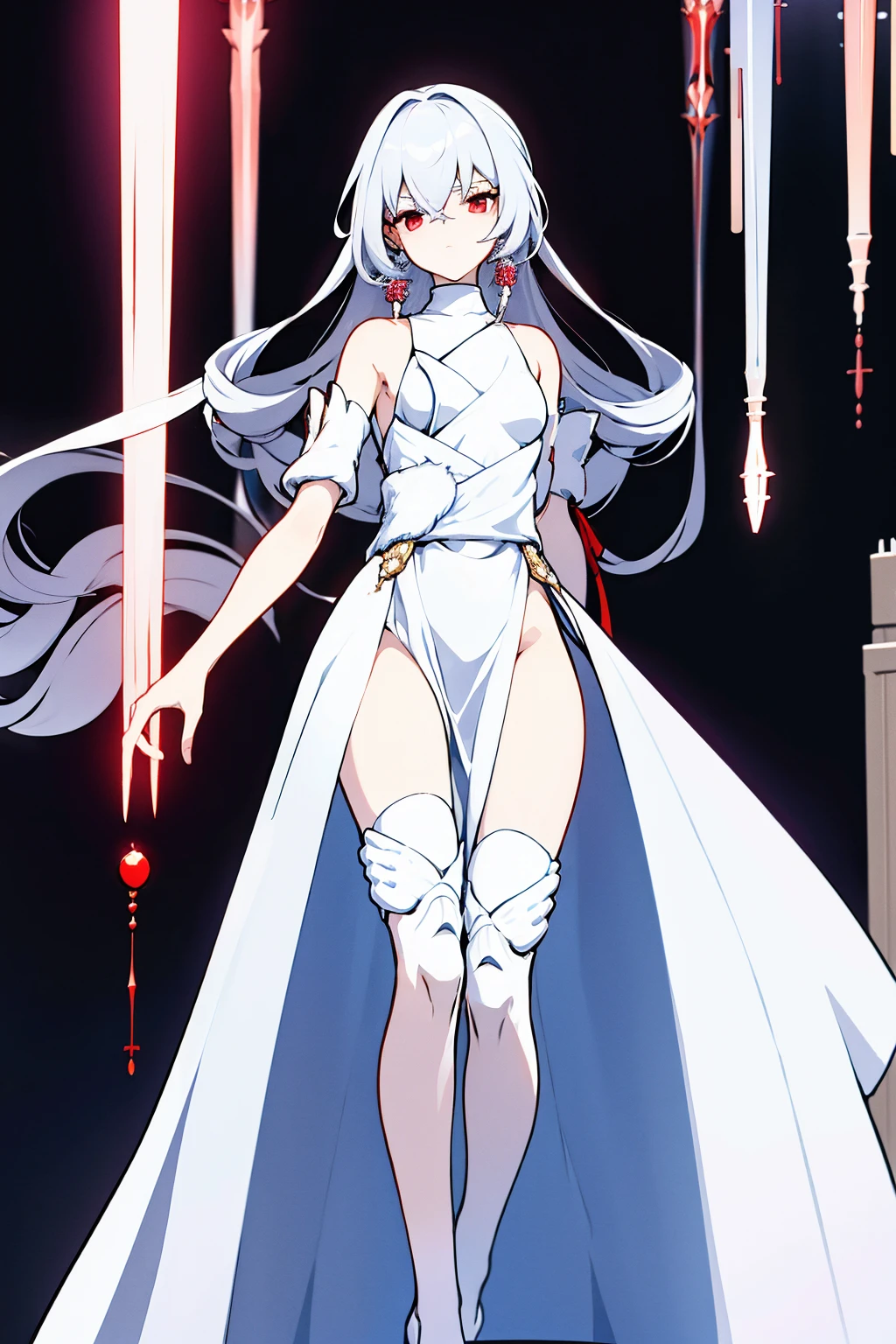 White-haired woman,Red aura around,Beautiful red eyes,White gauze dress, thin, It covers all vital organs except the face....., Wear a knee-length white dress......,The arm does not reach the top of the hip......,The arms are small...., But the ligaments are very large......,Soft hands,at night,Sharp picture,