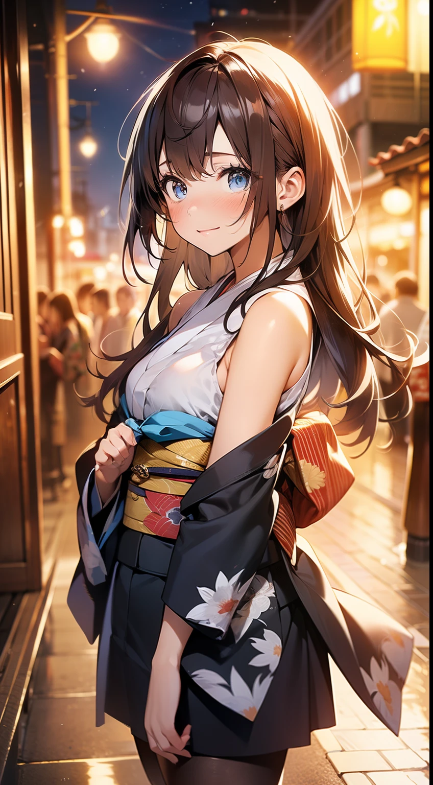 ((masterpiece, best quality, high resolution, ultra high definition, Pixel perfect, depth of field, 4K, RTX, human development report))), 1girl in, single, alone, Beauty、see whole body、 ((long hair, Short Liuhai, reddish brown hair)), ((blue eyes, beautiful eyelashes, realistic eyes)), ((Detailed face, blush:1.2)), ((smooth texture:0.75, lifelike质感:0.65, lifelike:1.1, Anime CG style)), medium breasts, Perfect body, (( Japanese Yukata, bare shoulders ,Black tights)), Smile, Sideways posture, Body bathed in hot springs,(wind blows hair,bare shoulders、exposing her chest、Black tights) , night ,snow