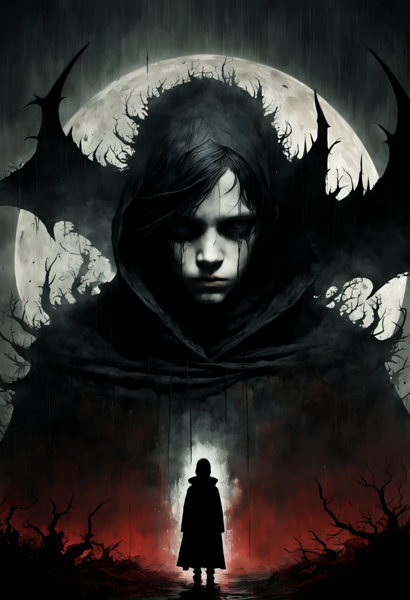 Antonio Mora/Double exposure of a demon inside a boy/a boy silhoutte/flying demon /Double exposure art/layered image/death imagery/moonlit bedroom/Ink drawing/spots of deep color/eldritch/malevolence/spectral/8k resolution/Nekro/Allen Williams/nightmare/sleep paralysis. High Gothic Dark Fantasy Tim burton style Cursed :Gothic : Bright : Darksouls Death Nazgul in a Higly detailed black Cloak with wearing black cloaths in field of thorns under the rain::| hyperdetailed: maximalist ::| Stunning masterpiece::| Jonas De Ro: russ mills, blood red. Mark Brooks and Dan Mumford, comic book art, perfect, smooth. sinister by Greg Rutkowski