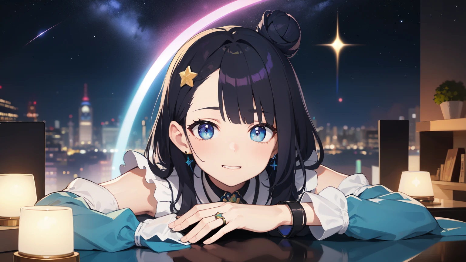 ((best quality)), ((masterpiece)), (detailed), perfect face, ((best quality)), ((masterpiece)), (detailed), perfect face, masutepiece:1.3), ph rikka 、1girl、 solo、(Best Quality:1.3), High resolution, Couboy Shot, on back,Superb view、(One Cute Girl:1.3), Solo, huge smile、A ring of iridescent angels hovers above my head、Big iridescent heart on background、Angel Ring、maid clothes、maid、Eight-headed body、with full of stars、Meteor swarm、Beautiful cityscape、Colorful starry sky、crouching down、Forehead、wide forehead、Model Standing、cross one's legs、Focus on eye brightness、yogapose、Purple hair, (bobhair:1.2), Mixed mesh and light blue、Bun hair, (Blunt bangs:1.2), Beautiful hair, Eyes are purple, Miraculous Eye、Close your eyes with all your might、Light from the eyes、Eyes are closed(1:4)Beautiful detailed eyes, ultradetailed eyes、Glitter eyes,from the rear、yoga、Colorful starry sky,Stars,Iridescent aura around the eyes、Raise your hand to stretch、Lie down and stick your hips out、Iridescent eyes、Narrowed eyes sucked in,Wearing a rainbow-colored aura from the whole body、 Shadow lighting,perfectbody
