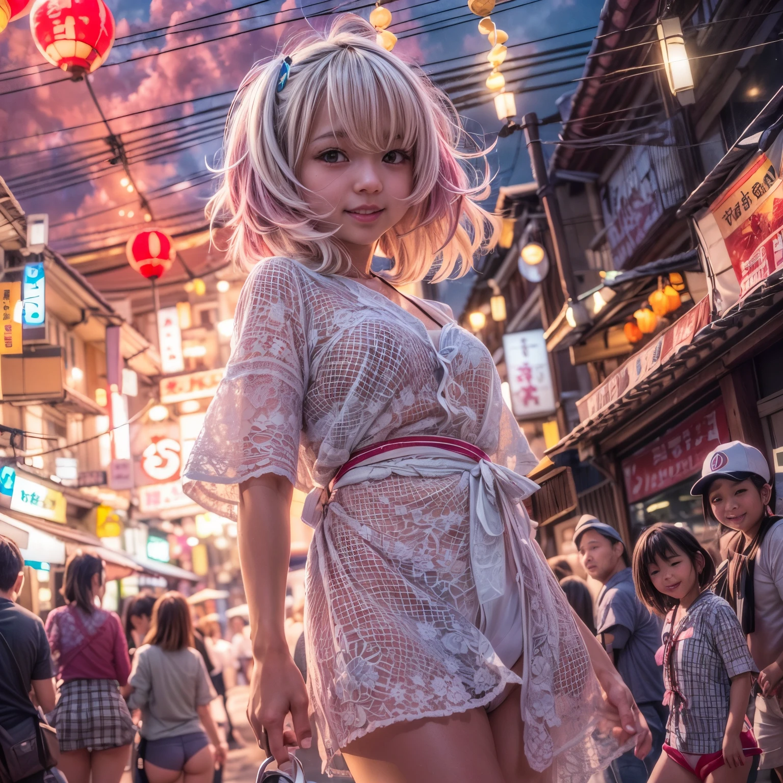 ((NSFW:-1)), (((nipple:-0.99))), ((Acutance:0.85)), (((from below)), The Sky takes up more than third of the composition ) . The background is the downtown area at (Twilight:1.4), (((Red-dyed clouds above hed:1.3))), { (many colorful Lights:1.2) | lens flare | Burning | heyz | (luminous Particles) | Mystic sight } . (Masterpiece:1.2) of professional Analog photo with Hasselblad, (((realistic and photorealistic with touch of rawness:1.37))), physically-based 3D rendering with ultra-detailed. ((( A KAWAII girl in WHITE Fundoshi, at Hakata Gion Ymakasa Festival ))) . (((from below:1.2, bokeH))), Assfocus and she looking ahead .