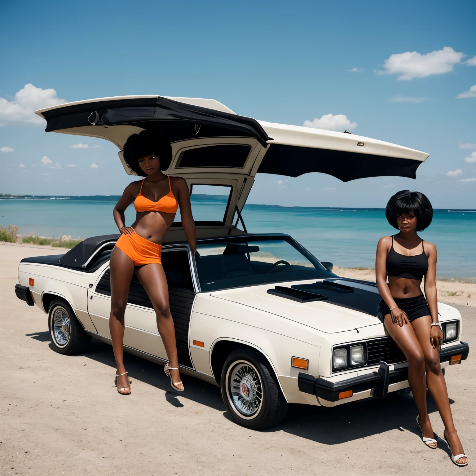 Create black flintstone family wearing tommy hilfigure attire in a droptop 1978 classic car
