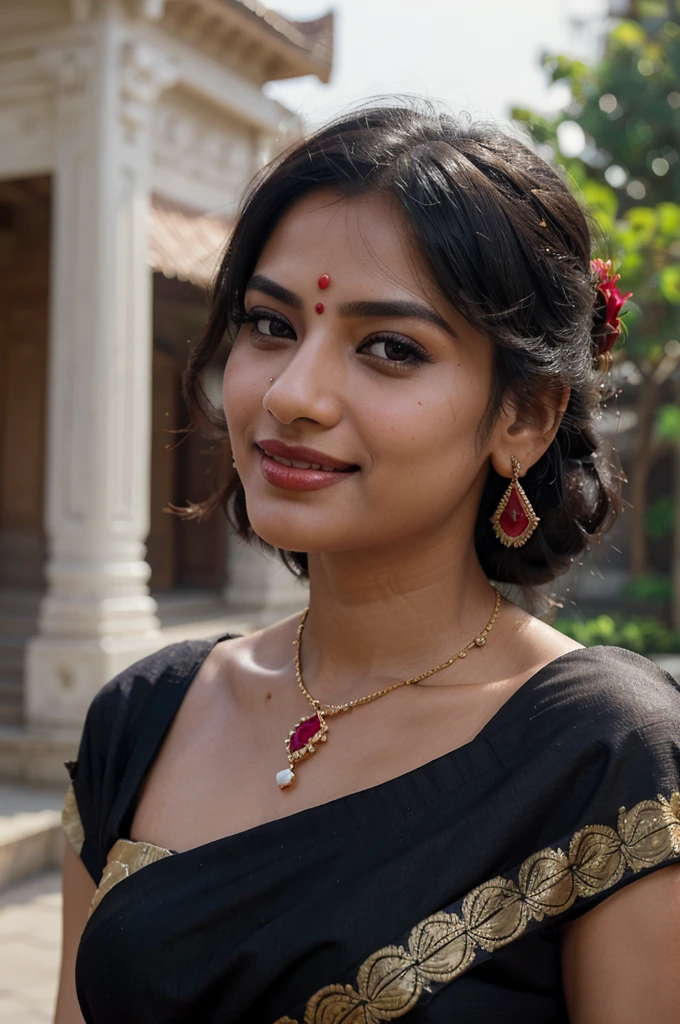 1 woman, indian, wearing saree, wearing jewellery, beautiful face, pretty, black hair, traditional hairstyle, beautiful eyes, light red lips, smiling, temple background, (photo-realistic:1.37), (masterpiece:1.2,sharp focus), (extreme detail), face detail, depth of field, outdoor lighting, head shot, candid shot