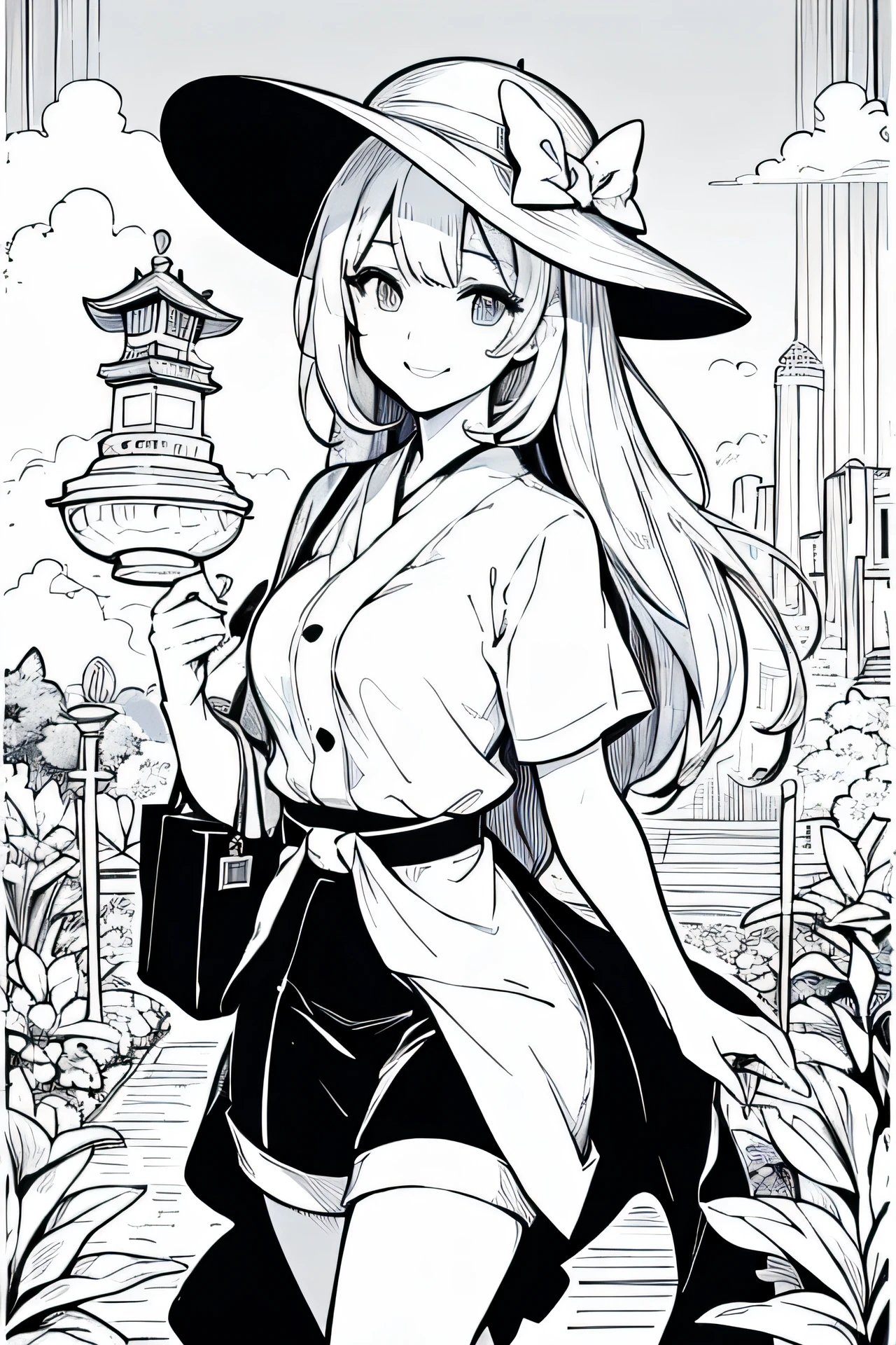 Coloring pages for adults, pretty girl, smile with an umbrella, Bust shot close-up, in cartoon style, hatching line, low detail, Geometric background, black and white, with out shading, --If 9:16, Korakuen Garden, Traditional landscape of Japan, beauty of the seasons, tea ceremony, View of Okayama Castle, linen button up shirt, High Waist Shorts, wide brimmed sun hat, Espadrille sandals, canvas beach tote bag