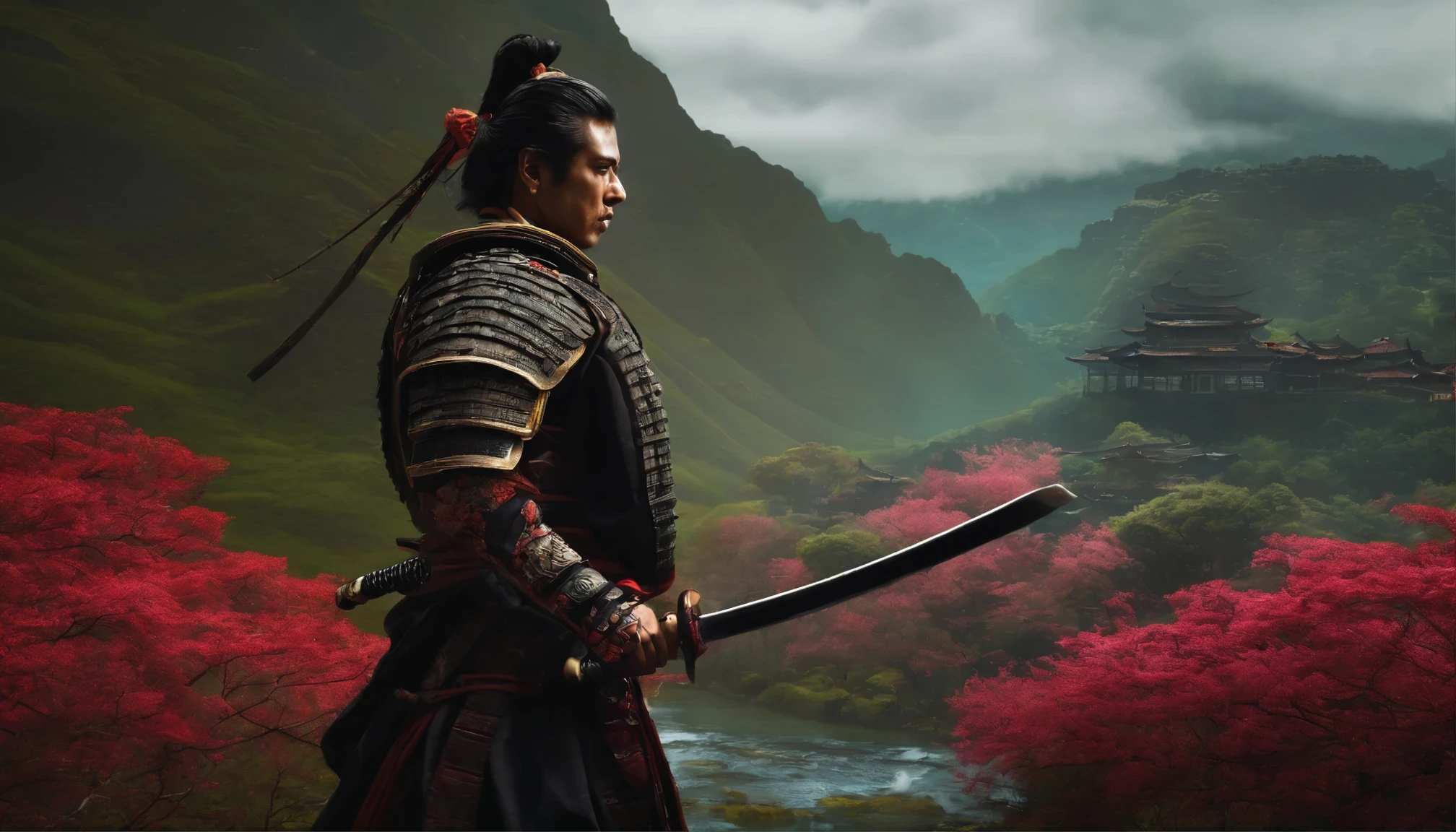 samurai escrevendo, retro cberpunk design