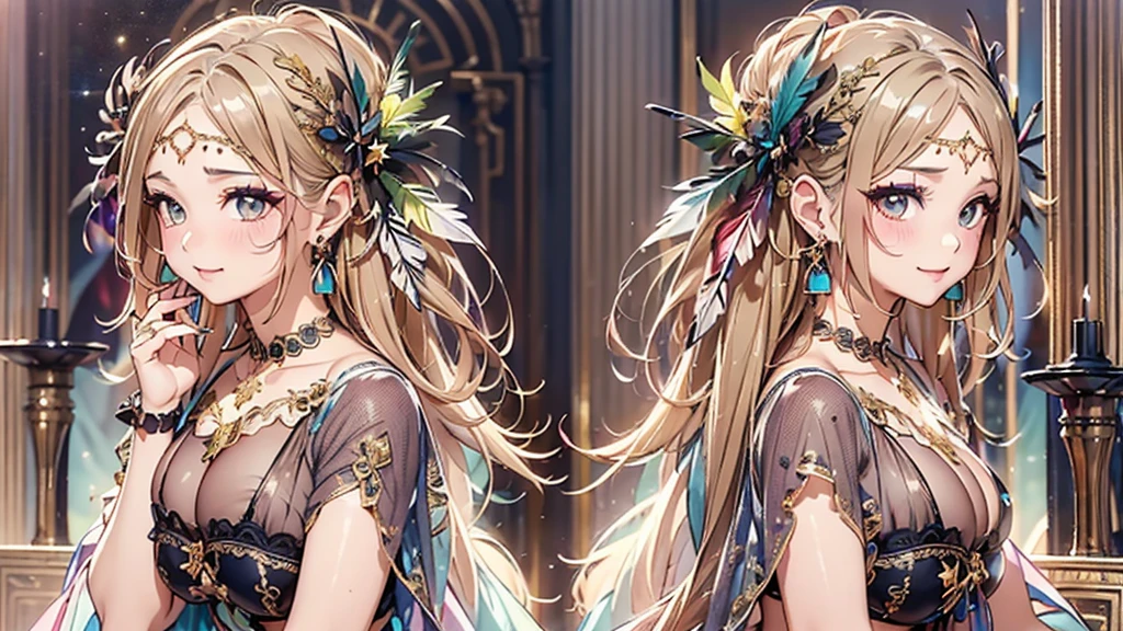 過去最高のmasterpiece、beautiful美しさ, 3D two-dimensional, rich, blonde, skirt, stockings, high heels, star、(Highly detailed CG Unity 8K wallpaper),(masterpiece), (最高quality), (Super detailed), (best work),(best shadow), (sharp eyeliner, eye shadow, fine eye:1.1), (超High resolution,realistic,最高quality,realistic),(8K,RAW photo,最高quality,star),mature woman、sensual curves、huge breasts、thighs、bubble、お尻のmasterpiece, 最高quality, Super detailed, full body shot, mature woman, beautiful mature woman, nightgown and underwear, enchanting smile, thick lips, Chubby lips, blush, looking at the viewer, provocative expression, beautifulhair型, cleavage, Plump、curvy hips、attractive face、sexy lingerie、an inviting gaze、Expression of emotions、Lewd underwear、(((erotic see-through lingerie set)))、Standing position、gorgeous accessories 、big breastsの女性, bare shoulders, 金色のhair, colored feather, metal ornaments, colored flowers, particle, light, (masterpiece, 最高quality, 最高quality, official art, beautiful and aesthetic:1.2), (1 girl:1.3), very detailed,(fractal art:1.1),(colorful:1.1)、(flowers:1.3),most detailed,(zentangle:1.2), (dynamic pose), (abstract background:1.3), (shiny skin), (lots of colors :1.4), ,(earrings:1.4), (feather:1.4),masterpiece, 最高quality, Super detailed, 30~40 years, full body shot, beautiful 、さまざまなhair型，gold headband，plump breasts，beautiful，greek clothing，Tulle covers the breasts，perfectly proportioned, detailed clothing details,marble，god statue，cinematic lighting, film grain, 8K, masterpiece, Super detailed, high detail, 高quality, High resolution,(((NSFW:1.2)))、exposed chest、Openwork decoration，(((see through dress)))、(((解剖学的に正しいbody))) , 最高quality, Super detailed, (((Lewd underwear)))、raise your butt, from below, (((R-18)))、thighs, big breasts, Are standing, cowboy shot, blush, (((1 girl))), (masterpiece:1.3), (High resolution), (8K), (very detailed), perfect face, Nice eye and face, (((最高quality))), (Super detailed), detailed face and eye, (alone), beautifuleye,(((sexy pose)))、(((整ったbig breasts)))、((beautiful eye))、luxury、(((超High resolution)))、(((detailed description)))、(((ぽっちゃりbody型)))、(((解剖学的構造に一致したbodyの部位)))、beautiful長いまつ毛、バランスのとれたbody型,2 feet、Just the right size for your legs and arms、Fishnet tights、glamorous、(((Clear white and black eye)))、lipstick、Sparkling、(Undistorted face, eye, body)、jewelry、gem、(長くカールしたbeautifulまつ毛)、(((バランス良いbeautiful胸)))、(transparent, Exquisite skin:1.2)、(((完璧なglamorousボディー)))、actress face、Super beautiful、Cute smile、Healing beauty、Flower shower、完璧なeye、realistic depiction、Super sexy、glossy、Glamorous、double eyelids、Good dark makeup、makeup、ぼやけていないeye , expensive_quality, expensive_solve, masterpiece*I wore, whitespace, colorful, 1 girl, alone, white_hair, prism hair, [pink|green] eye, gradient eye, multicolored eye, shine eye, shine, Sparkling, shine white particles, wind lift, full_body, Severe,