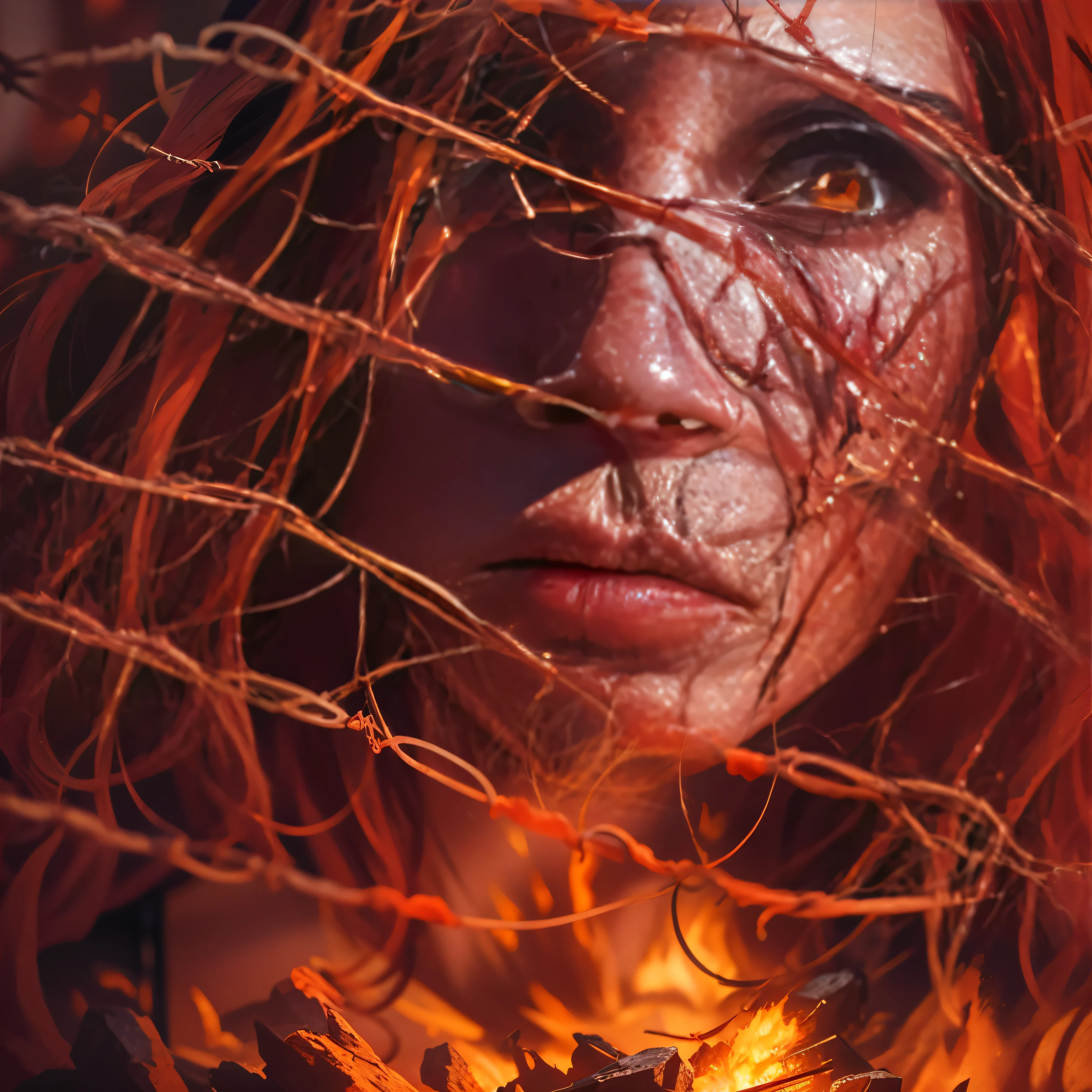 Create a stunning and vivid scene, mergulhando em uma paleta ardente de laranja, amarelo e vermelho para representar uma mulher imersa no inferno. In this cinematic portrait, she is surrounded by barbed wire, tridentes, caveiras e zumbis, evoking an aura of biblical suffering. Intense colors provide striking expressiveness to the image, enquanto a qualidade superior destaca minuciosamente cada detalhe. Utilize sombras habilidosas, inspiradas no estilo distintivo de Dom Casmurro, adding a mysterious and dramatic touch to the scene. All this splendor is guided by the unmistakable influence of Greg Rutkowski's style., resultando em uma