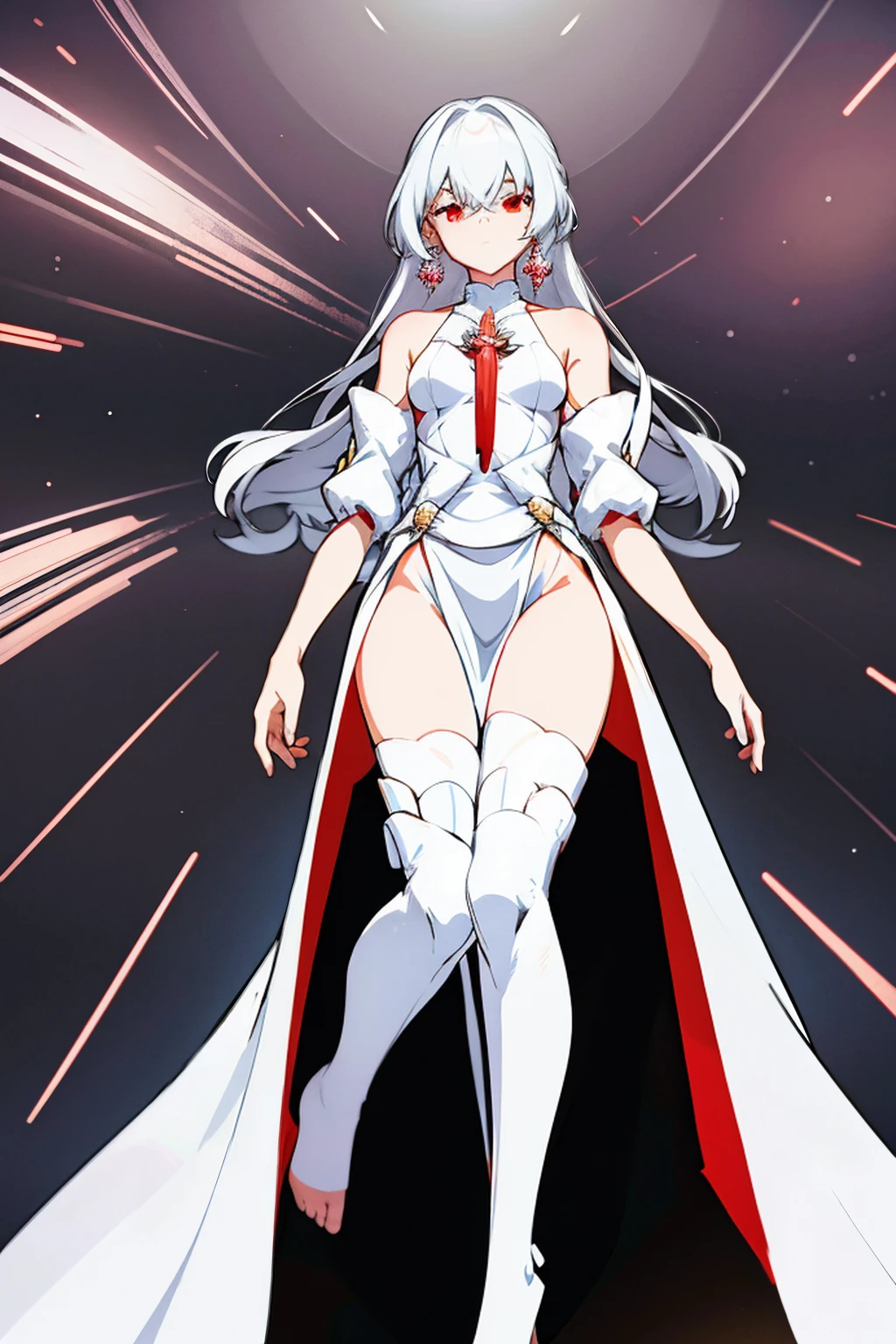 White-haired woman,Red aura around,Beautiful red eyes,White gauze dress, thin, It covers all vital organs except the face....., Wear a knee-length white dress......,The arm does not reach the top of the hip......,The arms are small...., But the ligaments are very large......,Soft hands,at night,Sharp picture,