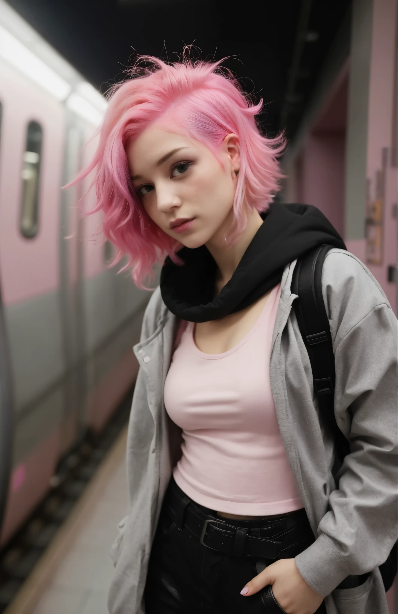 arafed woman with pink hair and a backpack standing in a subway, cute girl with short pink hair, with pink hair, pink girl, pink hair, short pink hair, faded pink, pink short hair, Soft cyberpunk style, Trash cyberpunk, cyberpunk style colors, flowing pink hair, pink fine hair, Cyberpunk atmosphere, some pink, Post-apocalyptic atmosphere