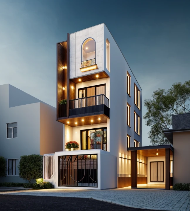 Realistic images, extremely detailed, a modern house, 1 road in font of house, large yard made by ceramic, (1 car), brick fence, lawn, a few small flowers, a road in front of the house, main materials of the house are white walls and red brick, Modern design, clear blue sky, sunrise light, light from inside, dynamic light,shimering light, cinematic light, romantic feeling, (((day light, warm light)))