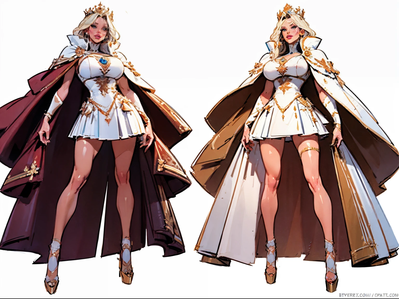 ((masterpiece)),(((best quality))),((character design sheet)), illustration,1woman, environment Scene change,  muscular, (white skin:1.4), white legs, thick legs, (royalty cape:1.5), scribbles and marks, fire, ((detailed face:1.1)), rough sketches, pose too, blonde and white color palette, 8k,16k, (simple background, light background: 1.3)