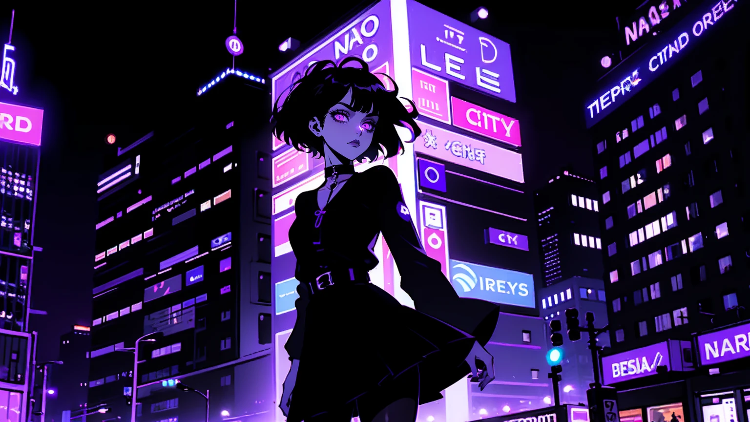 neon palette, 1girl, (masterpiece), short black hair, side swept bangs, dark purple eyes, oversized black shirt, black skirt, black pantyhose, black choker on neck. (purple gradient night time city background:1.5)