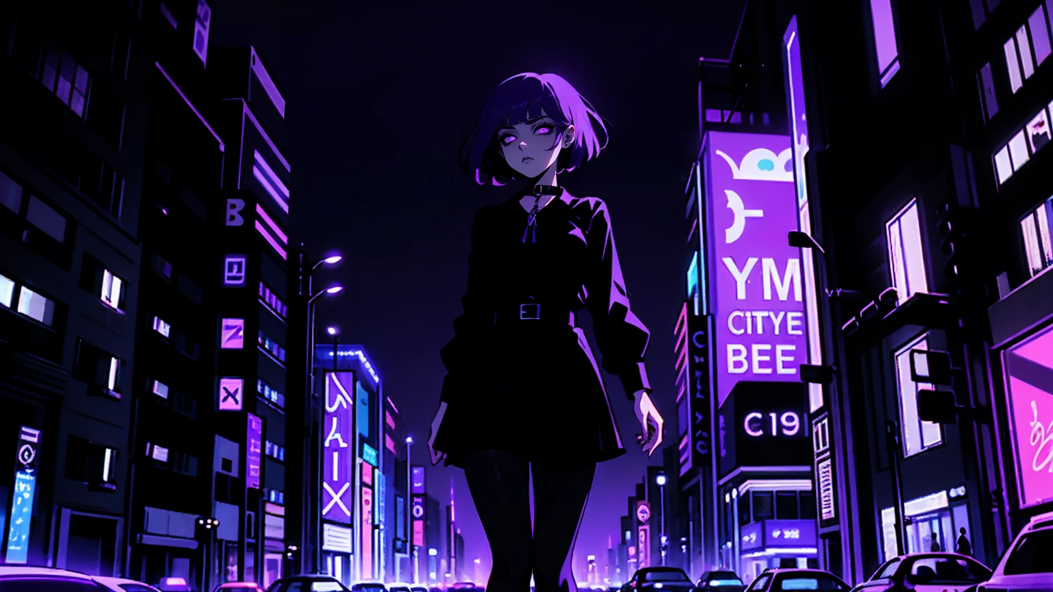 neon palette, 1girl, (masterpiece), short black hair, side swept bangs, dark purple eyes, oversized black shirt, black skirt, black pantyhose, black choker on neck. (purple gradient night time city background:1.5)