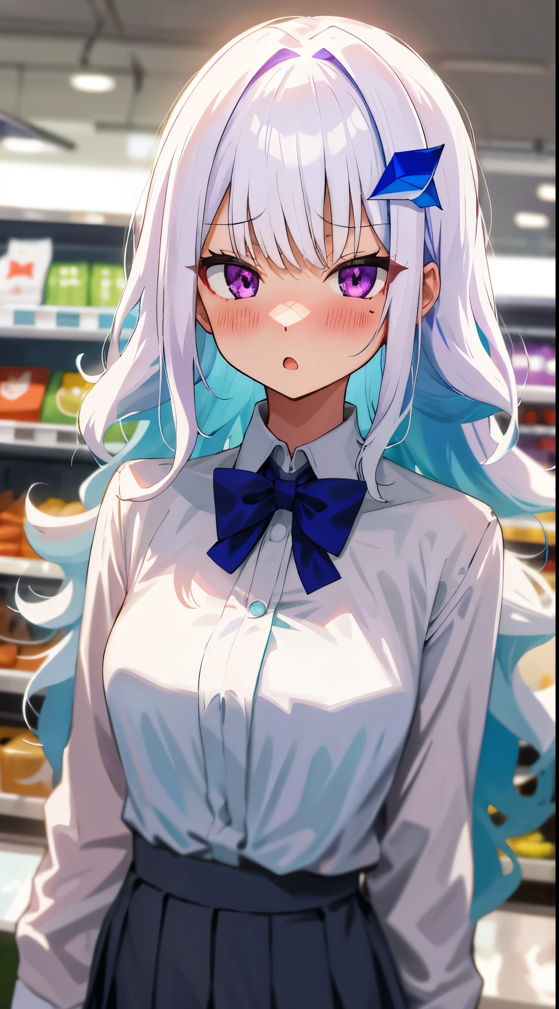 One girl with long wavy hair, bangs, white hair, blue inner hair:1.25) , purple eyes, looking at viewer, blushing, serious expression, :o, indoor, supermarket, white shirt, bowtie, pleated skirt, mid-chest, day atmosphere, hair ornament, medium breasts, upper body, focus, blurry background