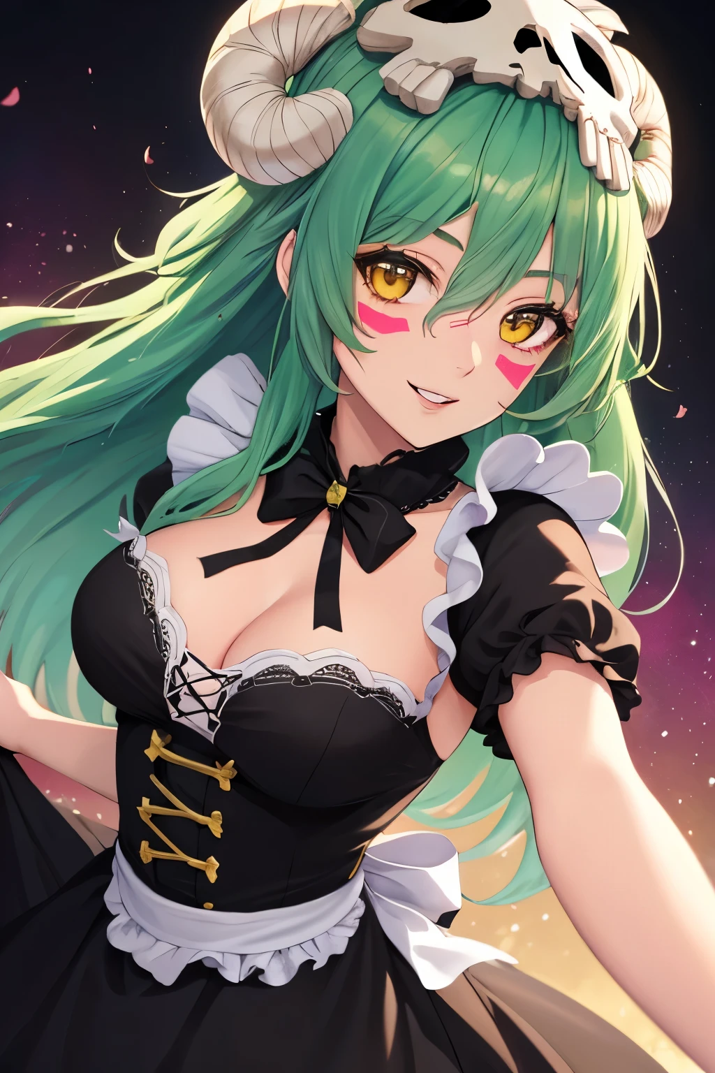 master piece, best quality, 8k, ultra high resolution, highest quality, anime style, best writing, beautiful face, solo, one girl, Nelliel orders Schwank, green hair, long hair, yellow eyes, Large skull, (Face mark), smile, parted lips, Happy, Black Maid Costume, dance happily