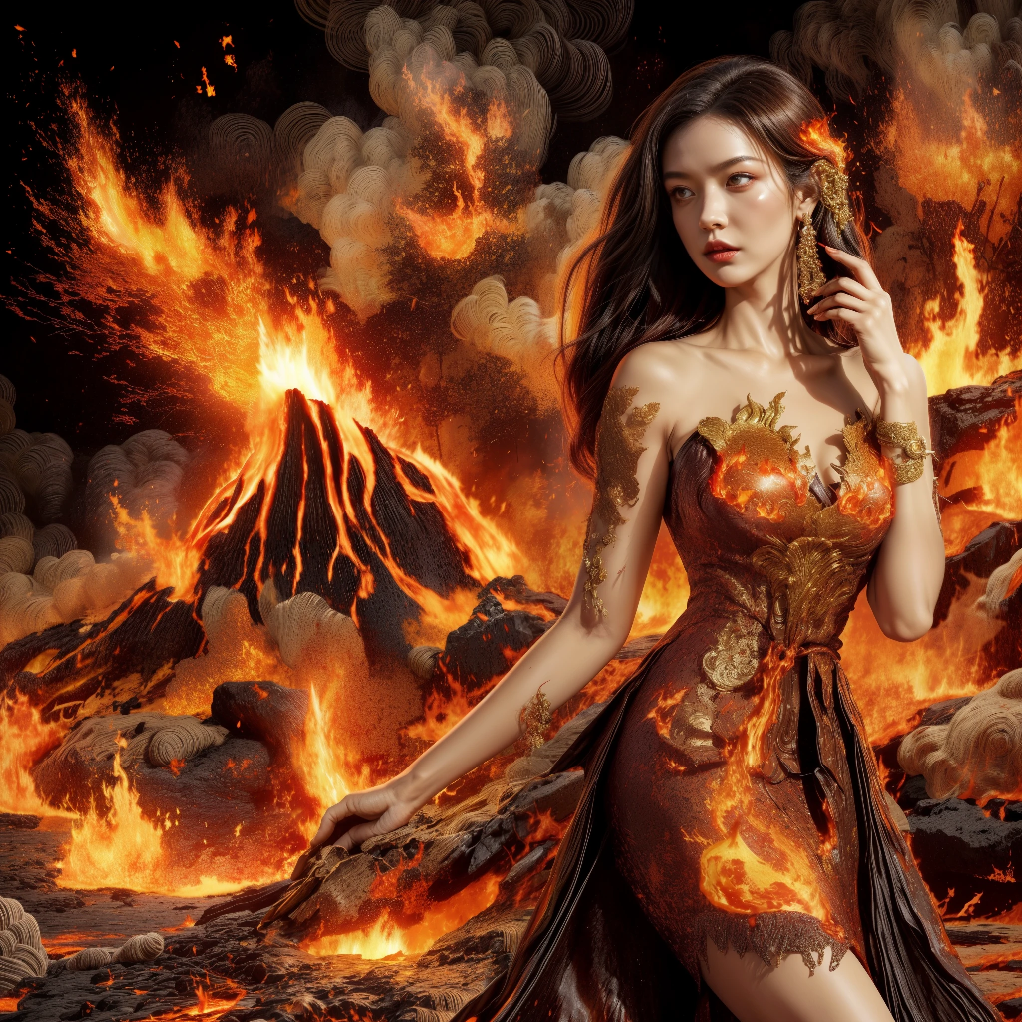 a woman in a dress with fire and flames on her body, dress made of fire, her body made of flames, fire dress, lava and fire goddess, goddess of fire, ornate with fiery explosions, full dress of lava showcase, beautiful digital artwork, appears as the fire goddess, flames surround her, made of lava, volcanic embers, hot fire goddess