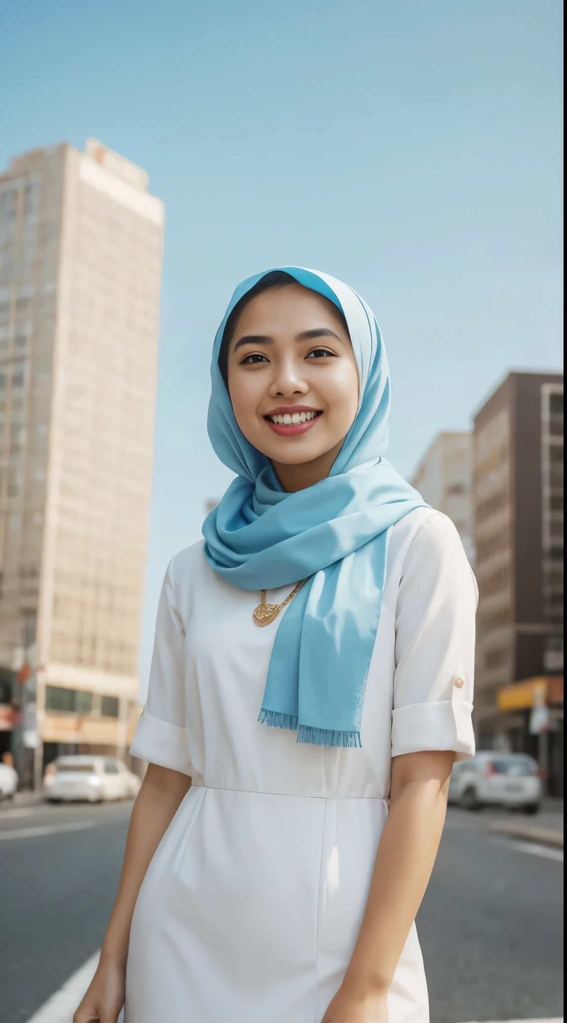 Malay girl long white hijab , wear sexy pastel blue office outfit, suits, smiling, wear gold necklace, front view, windy, detail skin, age spot, detail skin texture, mole below eyes, wide hips, thick thighs, beautiful body, morning, laughing, happy, bright lighting, people in background, city background, blur background, bokeh, location: india city street