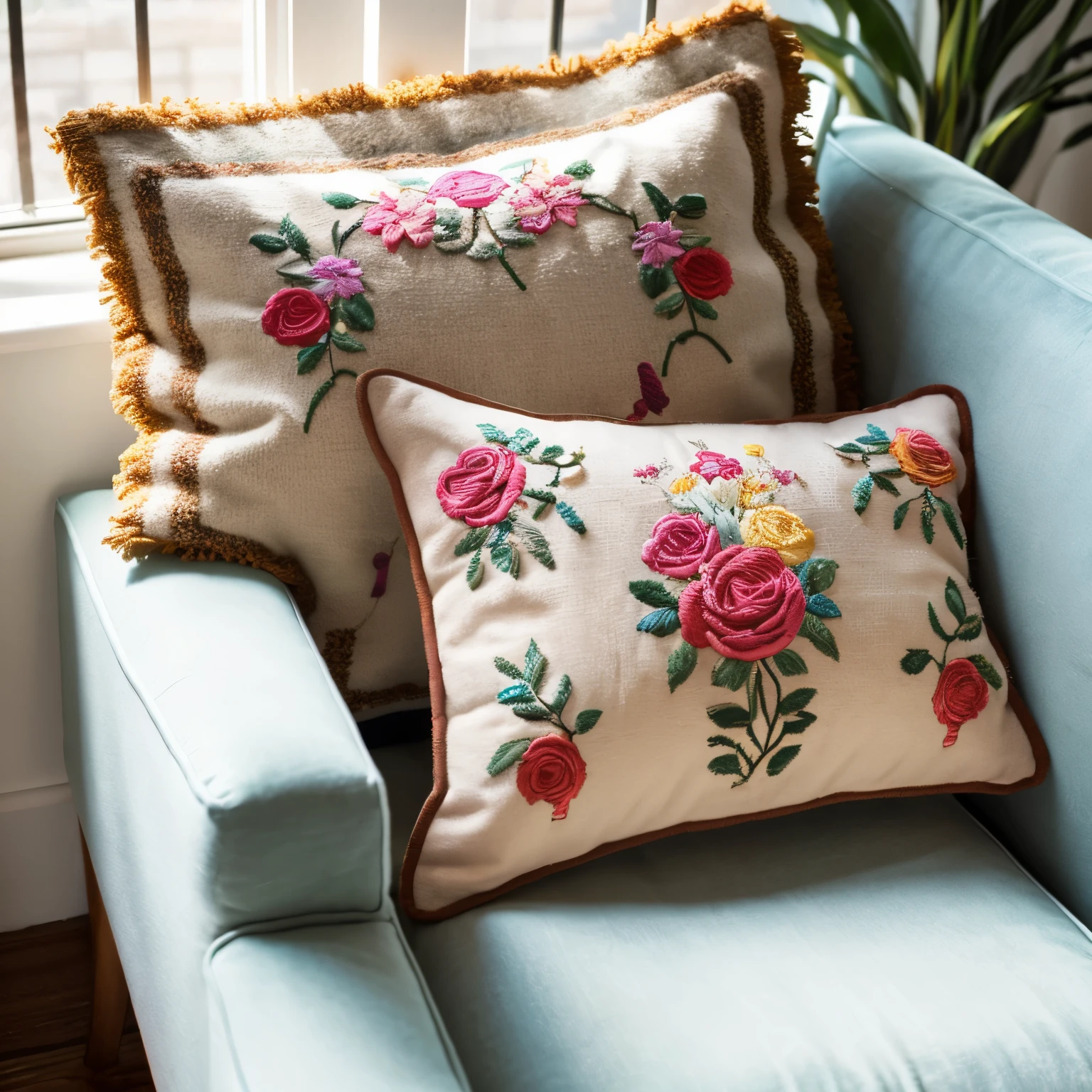 On the armchair lies a pillow with a bright multi-colored beautiful pattern embroidered on bright velvet with roses close-up, Trending ,art process, with a lot of details, Wool embroidery, Klee, pillows, with complex details, Highly artistic, very complicated, fairy,Trending на кикстартере, Very nice and detailed,light pastel delicate background, cover art, bright colors, sunny daylight, Pastel background , a high resolution, HD.