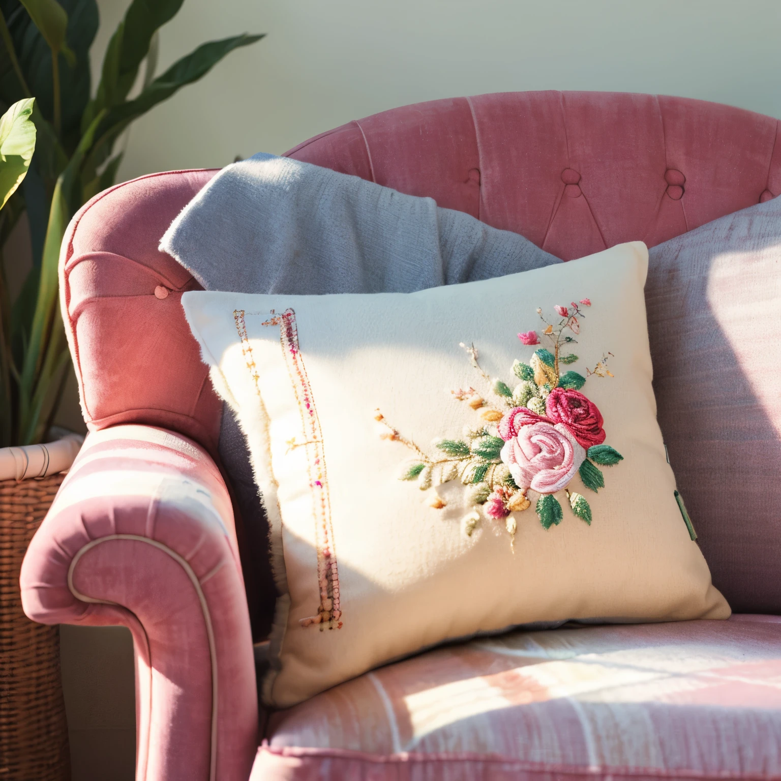 On the armchair lies a pillow with a bright multi-colored beautiful pattern embroidered on bright velvet with roses close-up, Trending ,art process, with a lot of details, Wool embroidery, Klee, pillows, with complex details, Highly artistic, very complicated, fairy,Trending на кикстартере, Very nice and detailed,light pastel delicate background, cover art, bright colors, sunny daylight, Pastel background , a high resolution, HD.