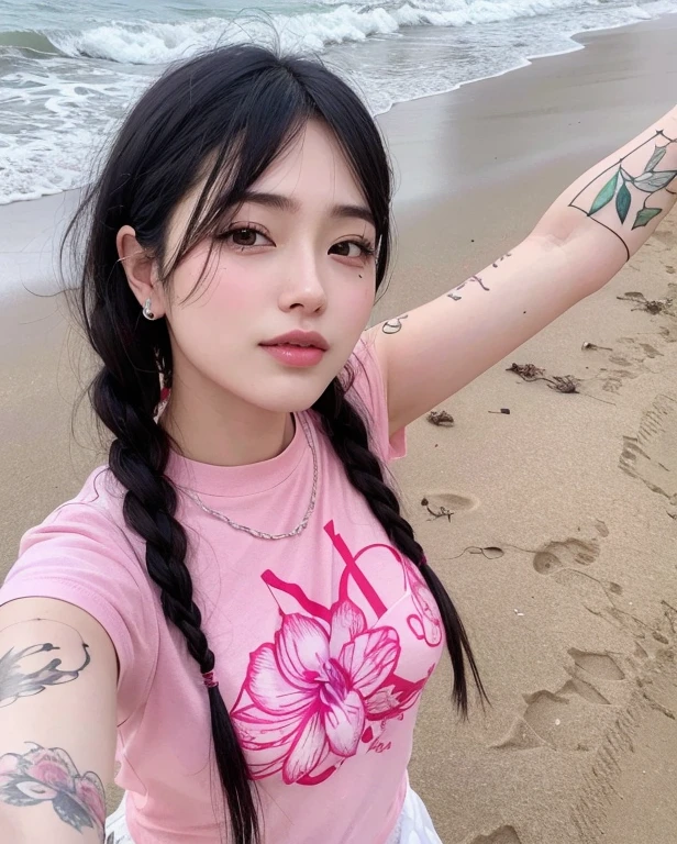 mulher arafada com longos cabelos pretos e camisa rosa na praia, Ulzzang, Bela Delfina, dilraba dilmurat, kanliu666, de garota taiwanesa com tatuagens, Xintong Chen, chinesa, coreana, her face looks like an orchid, Xisionwu, sakimichan, linda mulher sul-coreana, muito tempo