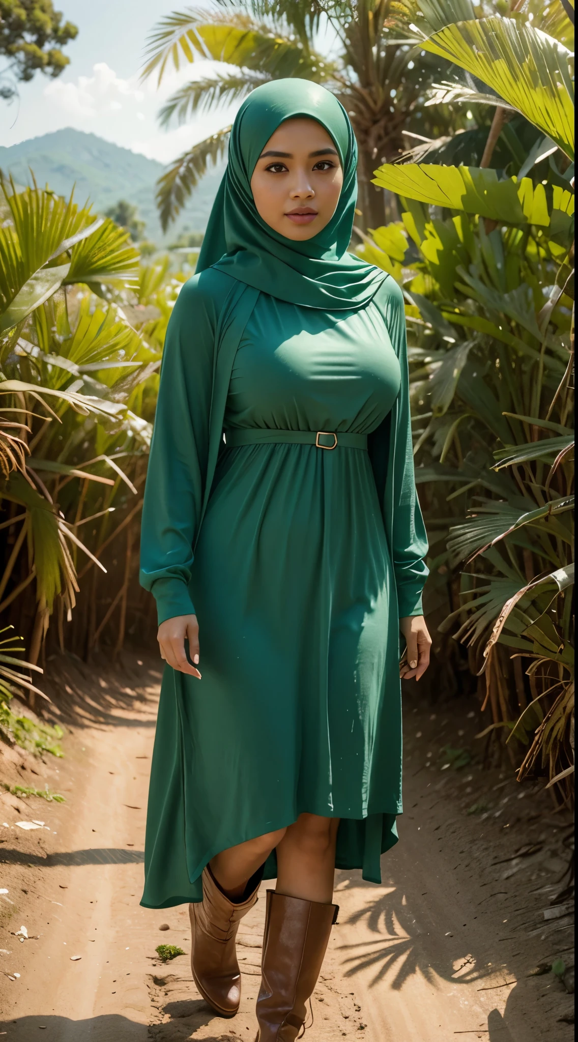 RAW, Best quality, high resolution, masterpiece: 1.3), beautiful Malay woman in green:0.8),cleavage, RAW, Best quality, high resolution, Masterpiece: 1.3, Beautiful hijabi malay girl, Masterpiece, Soft smile,Beautiful Malay women wear pastel color hijab in rice paddy, bright sunshine, ankle length dress, shawl, long sleeved shirt, bright clothing, dark skin, highres,4k,HDR,1girl, photorealistic, realistic,sweat skin, thin face, big breast, perfeck make up, big eyes, glossy lips, soft smile, thick , cleavage, portrait, cinematic, realistic, photo, standing in a rice field, dirt on clothes, mud on boots, raining heavily, wet body, raining heavily,