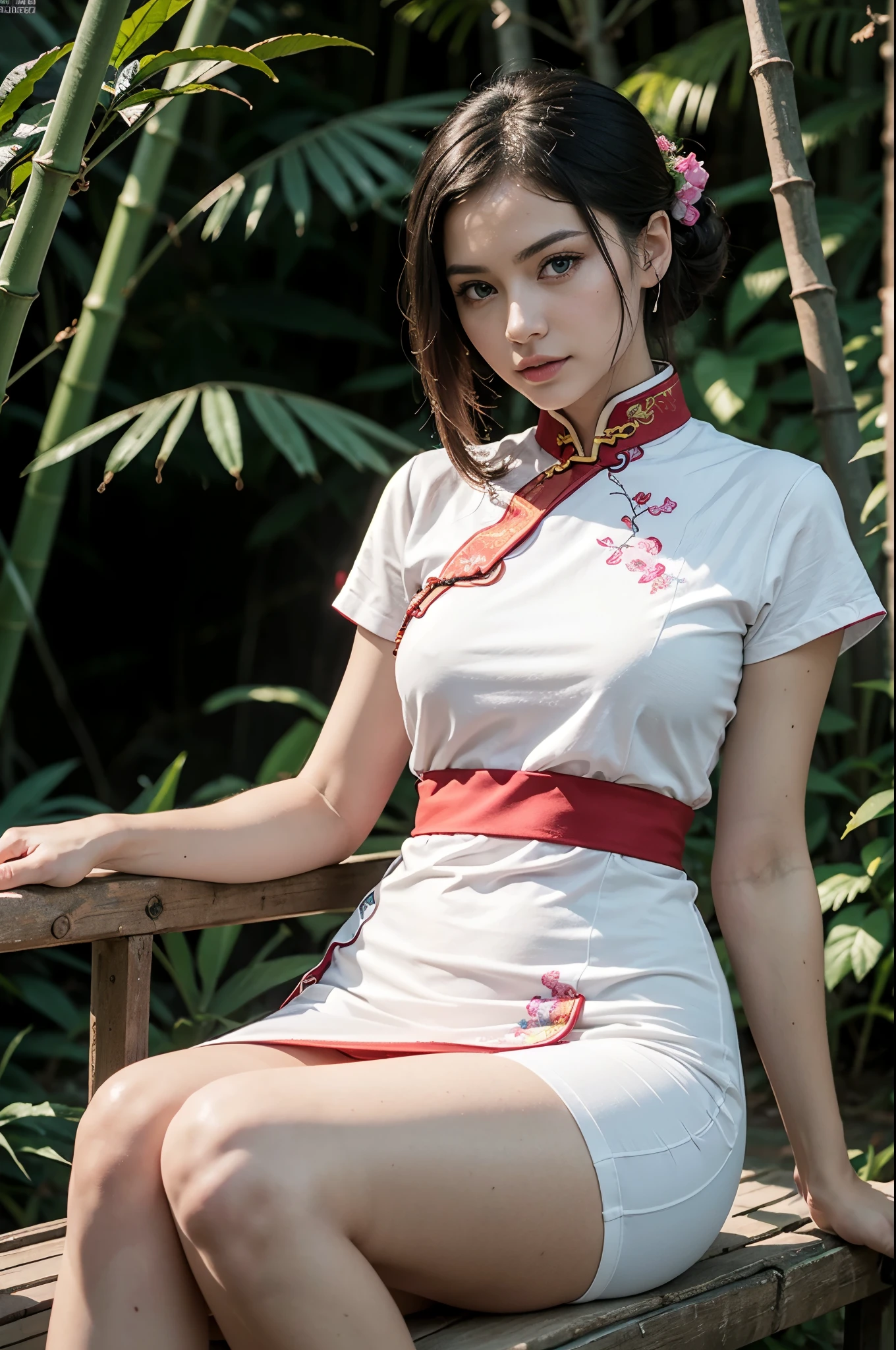 (Raw photo:1.2), (Photorealistic), Beautiful detailed girl, Very detailed eyes and face, Beautiful detailed green eyes, Huge file size, High resolution, Very detailed, Best Quality, [masutepiece:1.6], Illustration, Very detailed, Fine detail, Best Quality, 32K Wallpaper, perfect Lighting, in a Bamboo forest,(Wear a qipao with a high cut:1.2), sitting, legs open, cameltoe, full body photo