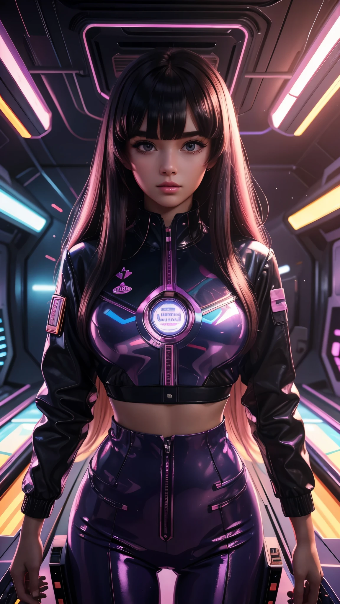 Masterpiece, Top Quality, Super Detail, 8K, 1girl, blunt bangs, long hair, vaportrap, retro-futurism background, virtual display in forground