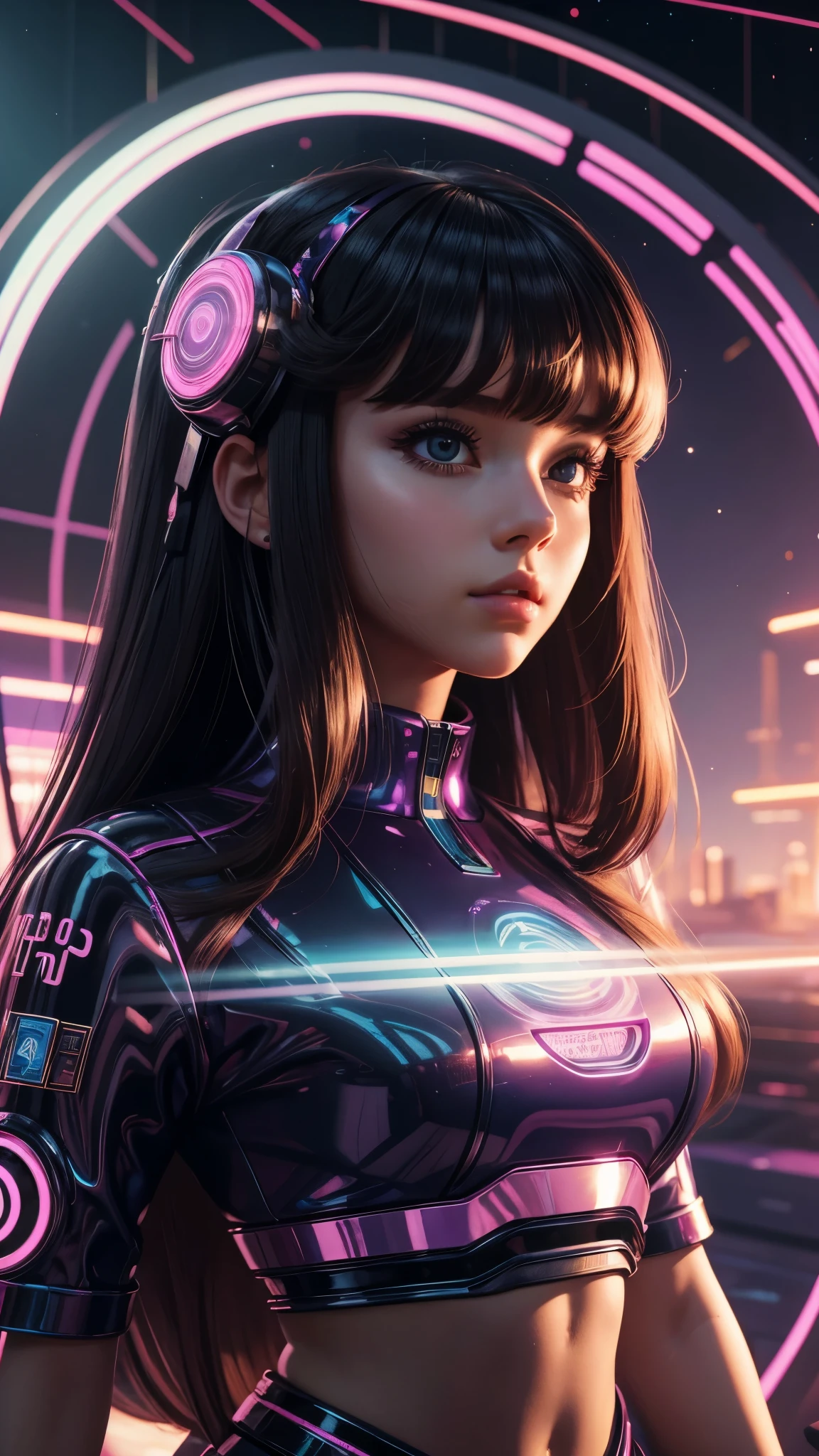 Masterpiece, Top Quality, Super Detail, 8K, 1girl, blunt bangs, long hair, vaportrap, retro-futurism background, virtual display in forground
