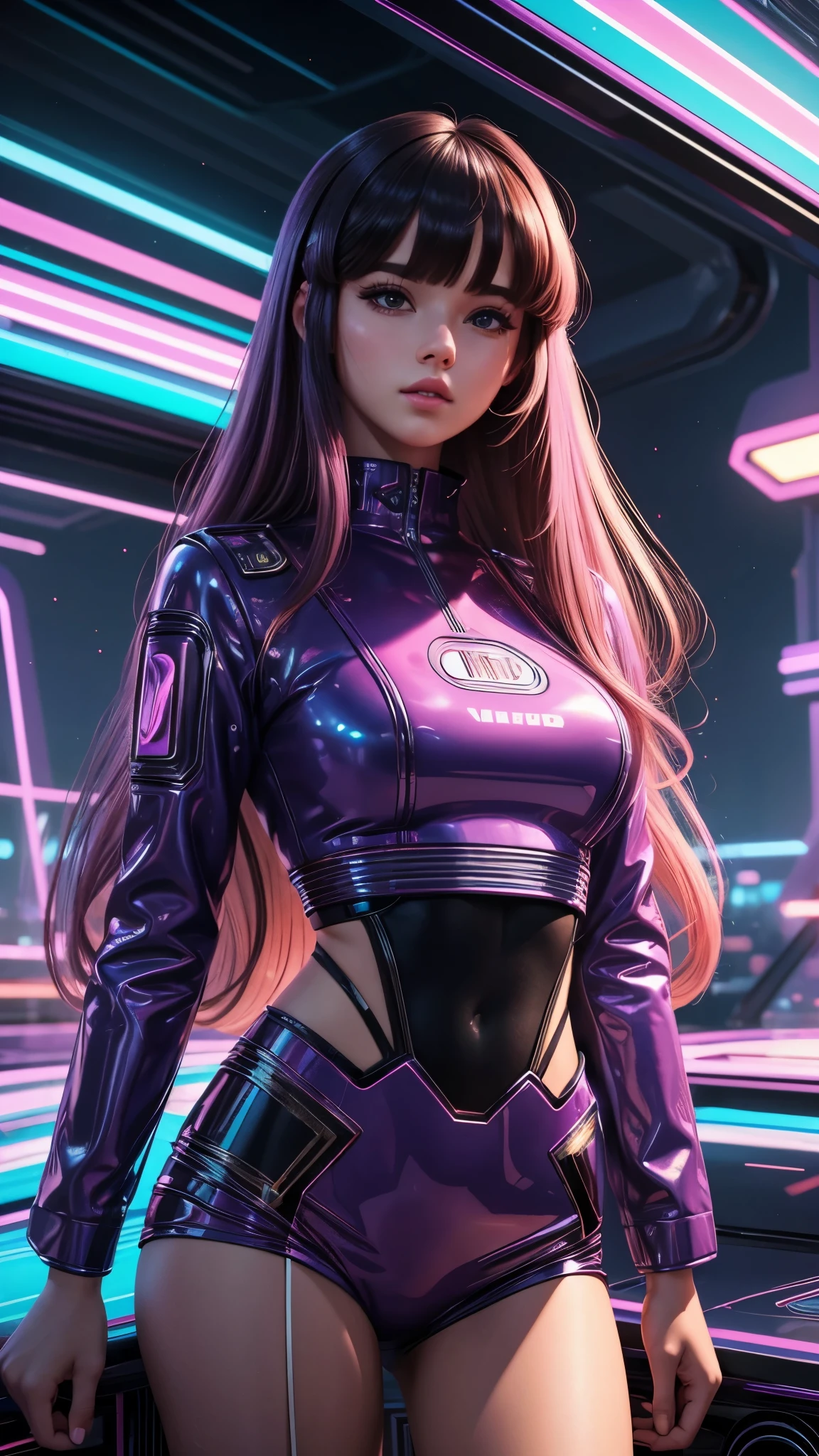 Ariana grande, Masterpiece, Top Quality, Super Detail, 8K, 1girl, blunt bangs, long hair, vaportrap, retro-futurism background, 80's look, back view