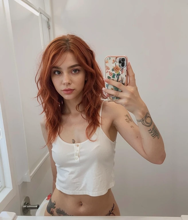Mulher que tira uma selfie no espelho com um celular, cabelos tingidos de vermelho, with cabelo vermelho, messy square vibrant cabelo vermelho, she has cabelo vermelho, with long cabelo vermelho, cabelo vermelho and attractive features, with curly cabelo vermelho, ela tem cabelo longo redoranjado, cabelo vermelho, long shaggy cabelo vermelho, fiery cabelo vermelho
