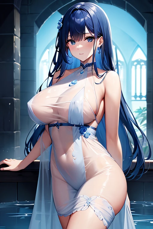 (highest quality, 8K, 32K, masterpiece, UHD: 1.3), 1 female, (Oversized: 1.3), perfect figure,, (attractive), (Sheer skin)) 、((((Transparent see-through dress))))、see-through dresses、lace sheer dress、Transparent dress、Sheer skin、Transparent dressを着た美しい裸の女性、solo、best style、big breasts、The most beautiful in the world、unparalleled beauty、long hair、 ((blue bathhouse)),、Blue lighting. concept art stunning atmosphere, blue atmosphere, beautiful concept art, Dark Majestic gorgeous public bath,、(blue water辺、blue water)、blue stone、blue stone、blue reflection、Cyan color、get wet in blue water、Blue light、blue flower、Blue roses、Blue World、Expressive、sexy pose、sexy design