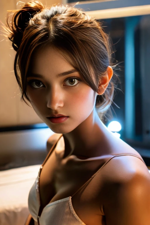 a beautiful woman with large breasts, wearing a low-cut dress, sensual expression, detailed facial features, elegant pose, 1girl, hyper detailed, realistic lighting, volumetric lighting, intricate details, photorealistic, cinematic, dramatic lighting, chiaroscuro, oil painting, vibrant colors, warm color palette