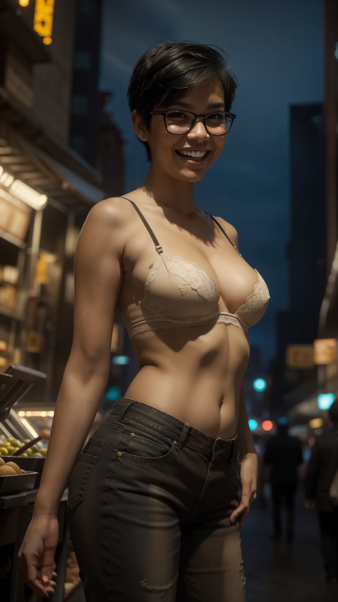 Portrait photo of a young malay girl, (laughing:1.2), malaysian, nerd, glasses, posing, look at a camera, cute dimple, big front teeth, cute, medium firm breast, full body, beer belly, detailed skin, realistic skin, detail skin texture, soft freckles skin, white short pixie cut hair, messy hair, dark red lace bra and high waist pants, night city background, city light background, backlit, (cinematic:1.5), epic realistic, hyper detailed, detailed skin texture, camel toe, mole below eye, insane details, intricate details, accent lighting, soft volumetric light, bokeh, (dramatic light:1.2), (neutral colors:1.3), cross process, night busy market background, (((from bottom)))), dark room, foreshortening, (seductive pose), looking at the viewer, smiling, blackcutoffs, (eye contact),