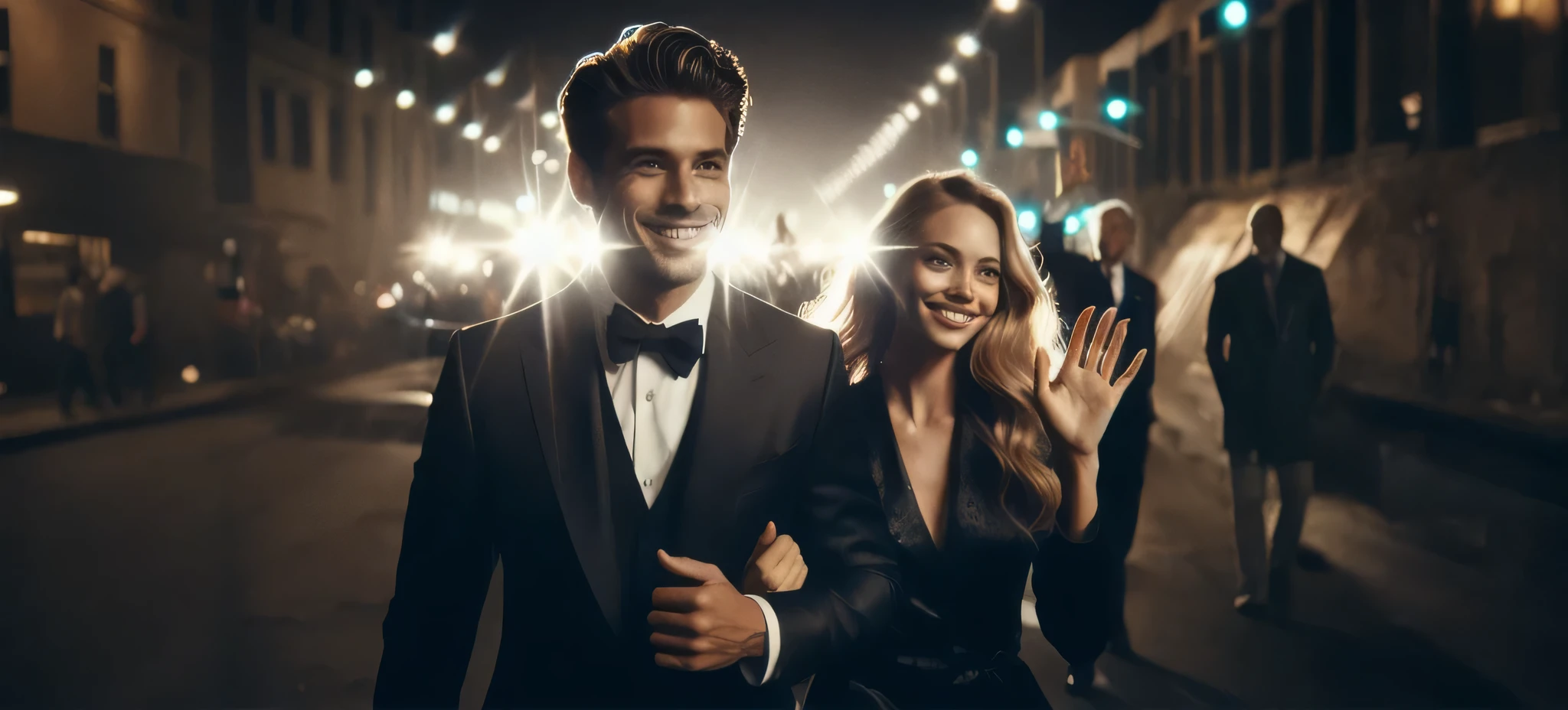 hay un hombre y una mujer caminando por la calle de noche, Lazo negro, por Adam Saks, por Emma Andijewska, bien vestido, bien vestido, pareja sonriente, por Alexander Kotsis, estilo de vida, por Jakob Gauermann, por Silvia Pelissero, Netflix, por Roman Bezpalkiv, Una pareja elegante, vistiendo esmoquin