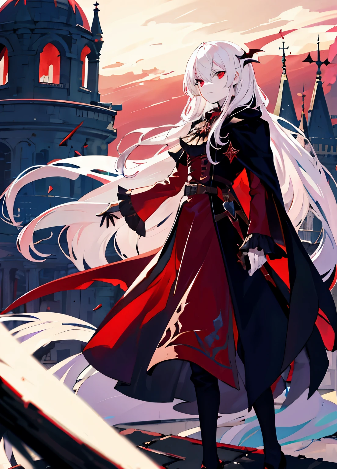 vampire，long white hair，Stand on the roof of the castle and look into the distance，red sword，Gorgeous black cloak，red eyes，ruins