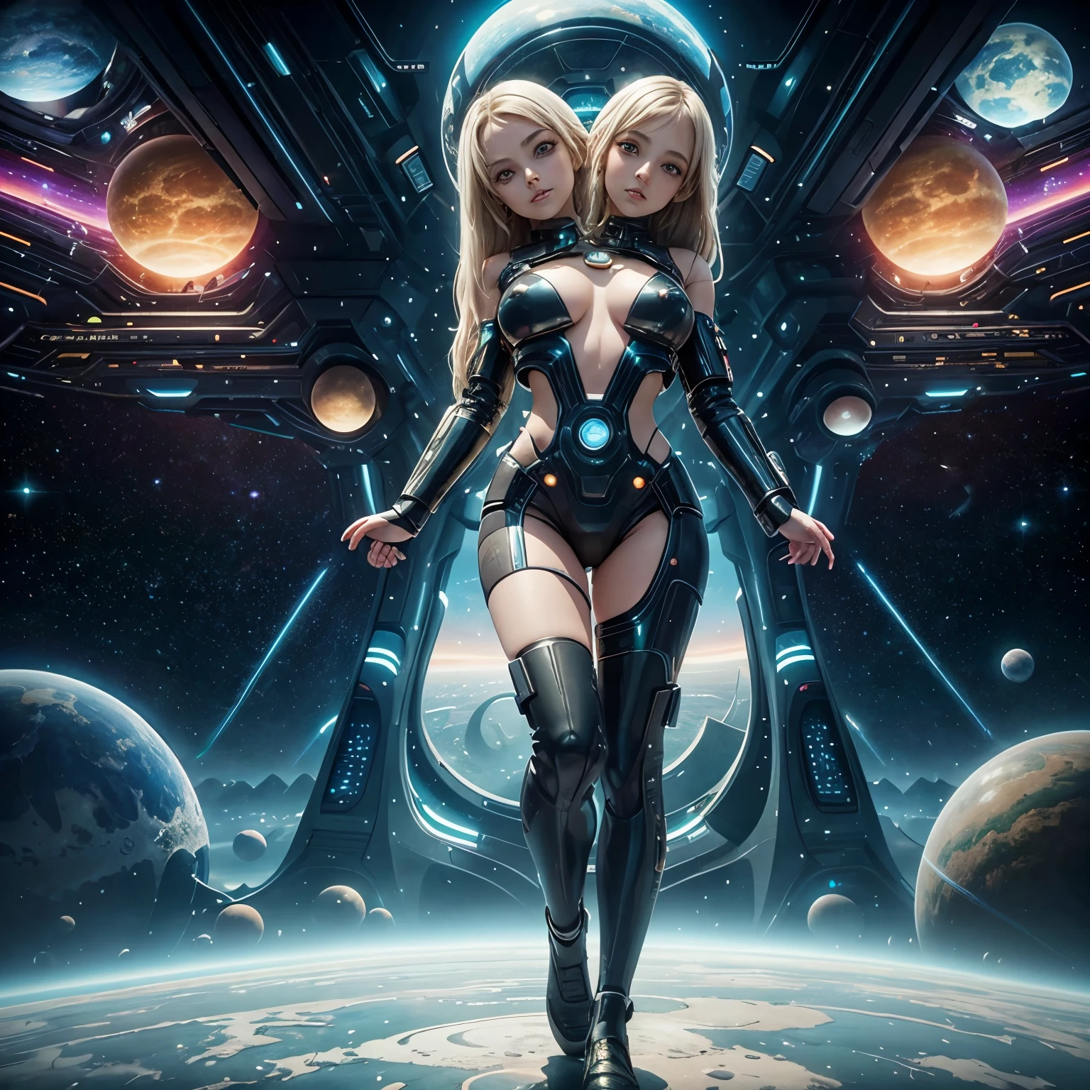 there is a woman standing in front of a painting of a planet, futuristic city in background, psytrance artwork, interconnected human lifeforms, panoramic view of girl, progressive rock album cover, dream of the endless, star dust, galaxy, stoner rock, (two heads)