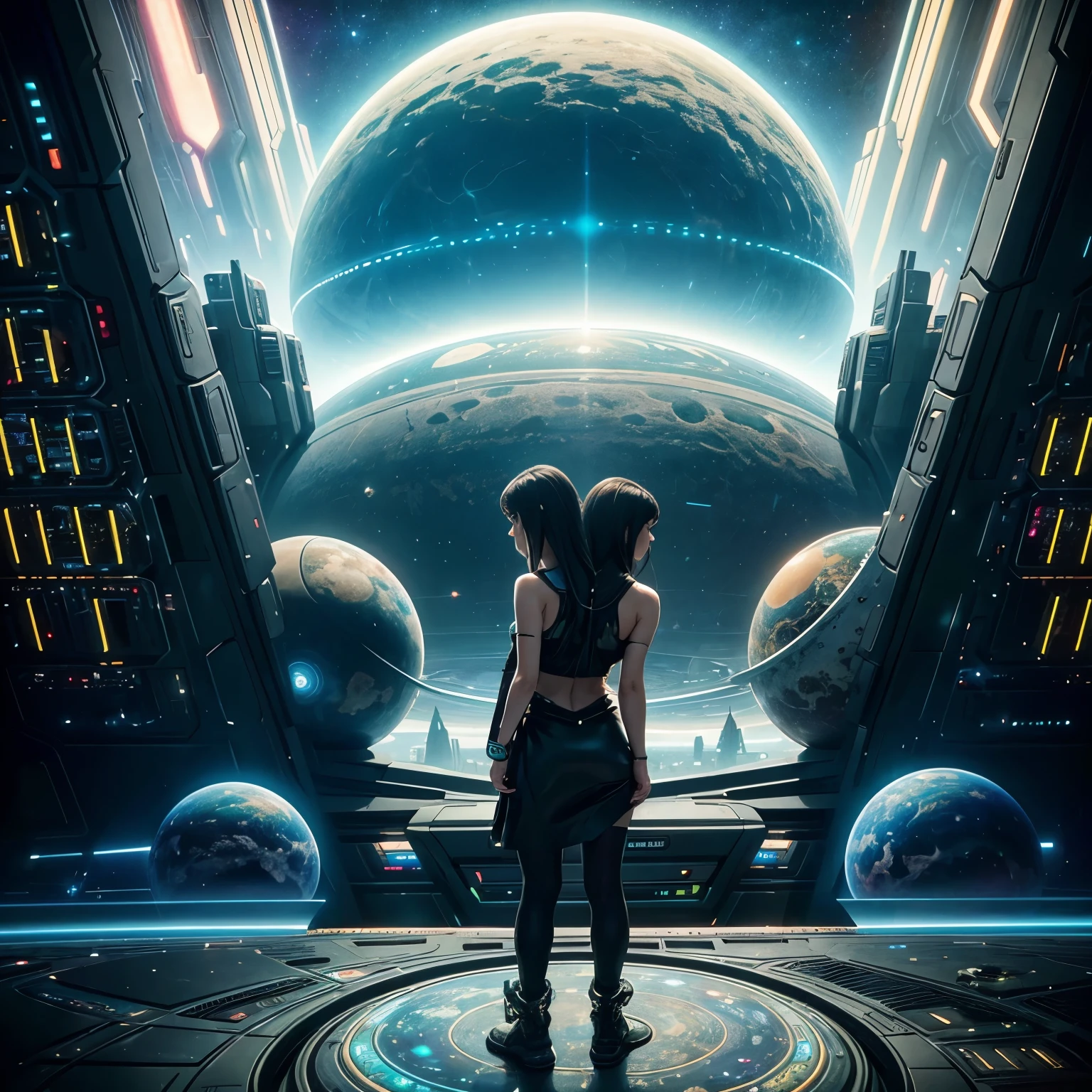 there is a woman standing in front of a painting of a planet, futuristic city in background, psytrance artwork, interconnected human lifeforms, panoramic view of girl, progressive rock album cover, dream of the endless, star dust, galaxy, stoner rock, (two heads)