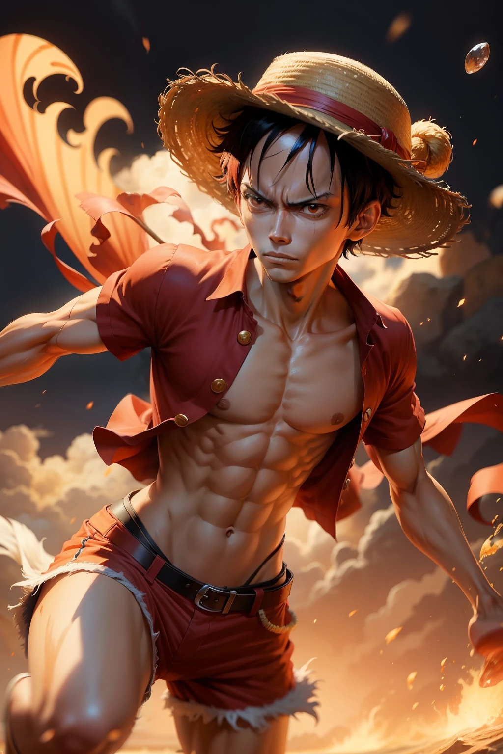 ey D.luffy One piece full body wearing open red shirt and straw hat front position preparing to fight